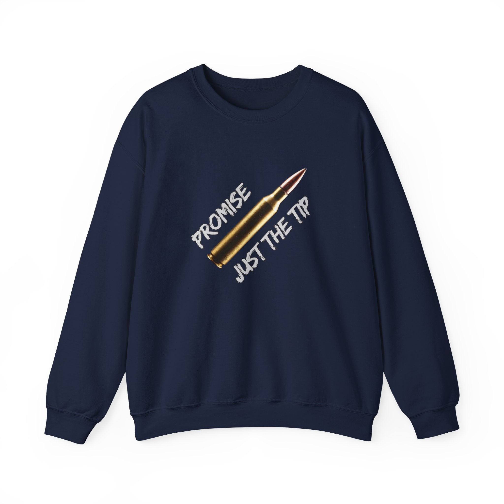 Navy blue sweatshirt with a graphic design and text on a white background