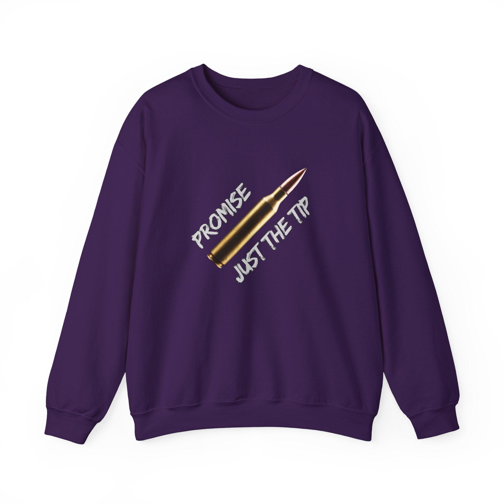 Purple sweatshirt with a graphic design and text on a white background