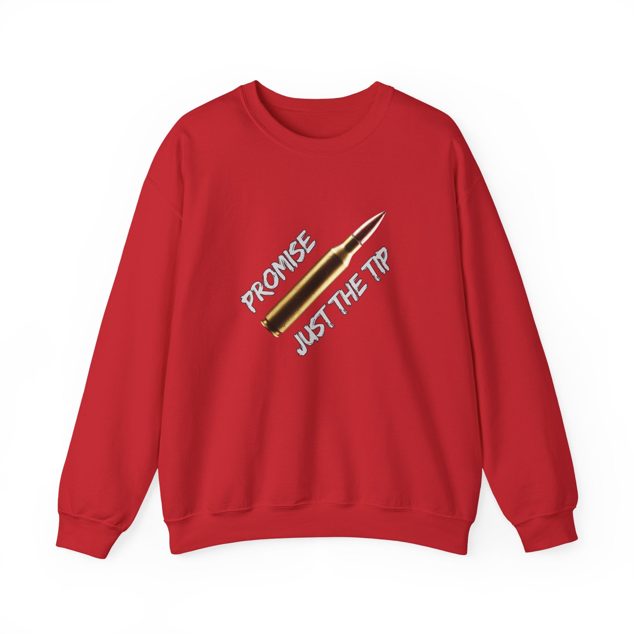 Red sweatshirt with a graphic design and text on a white background