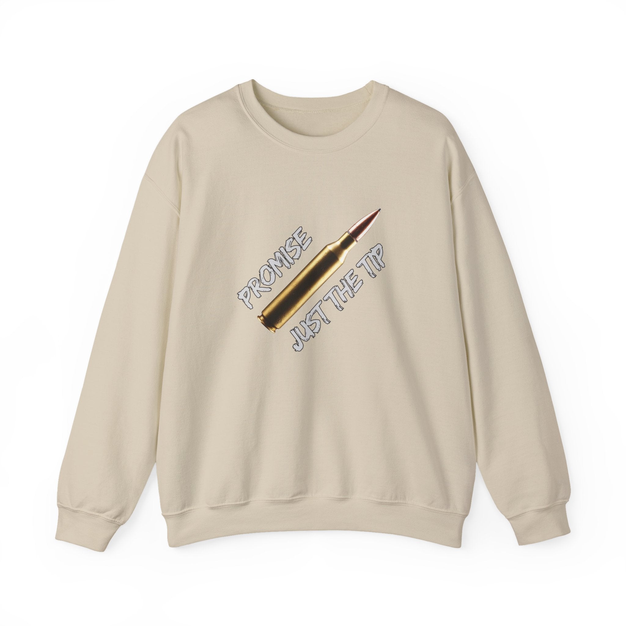 Beige sweatshirt with a graphic design and text on a white background