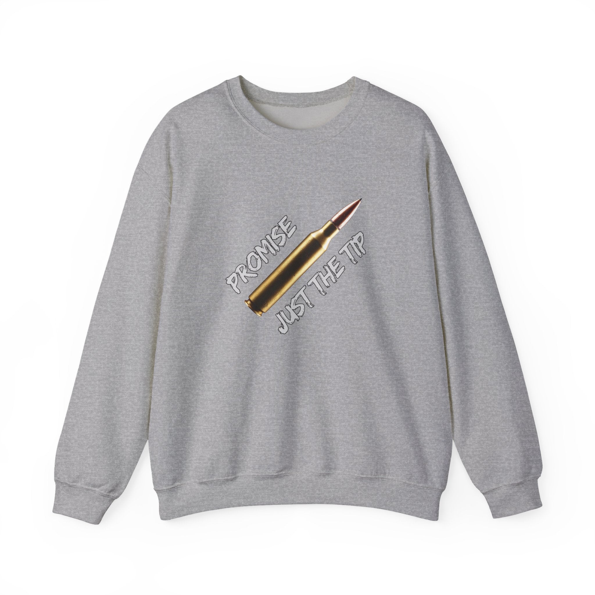 Gray sweatshirt with a bullet graphic and text on a white background