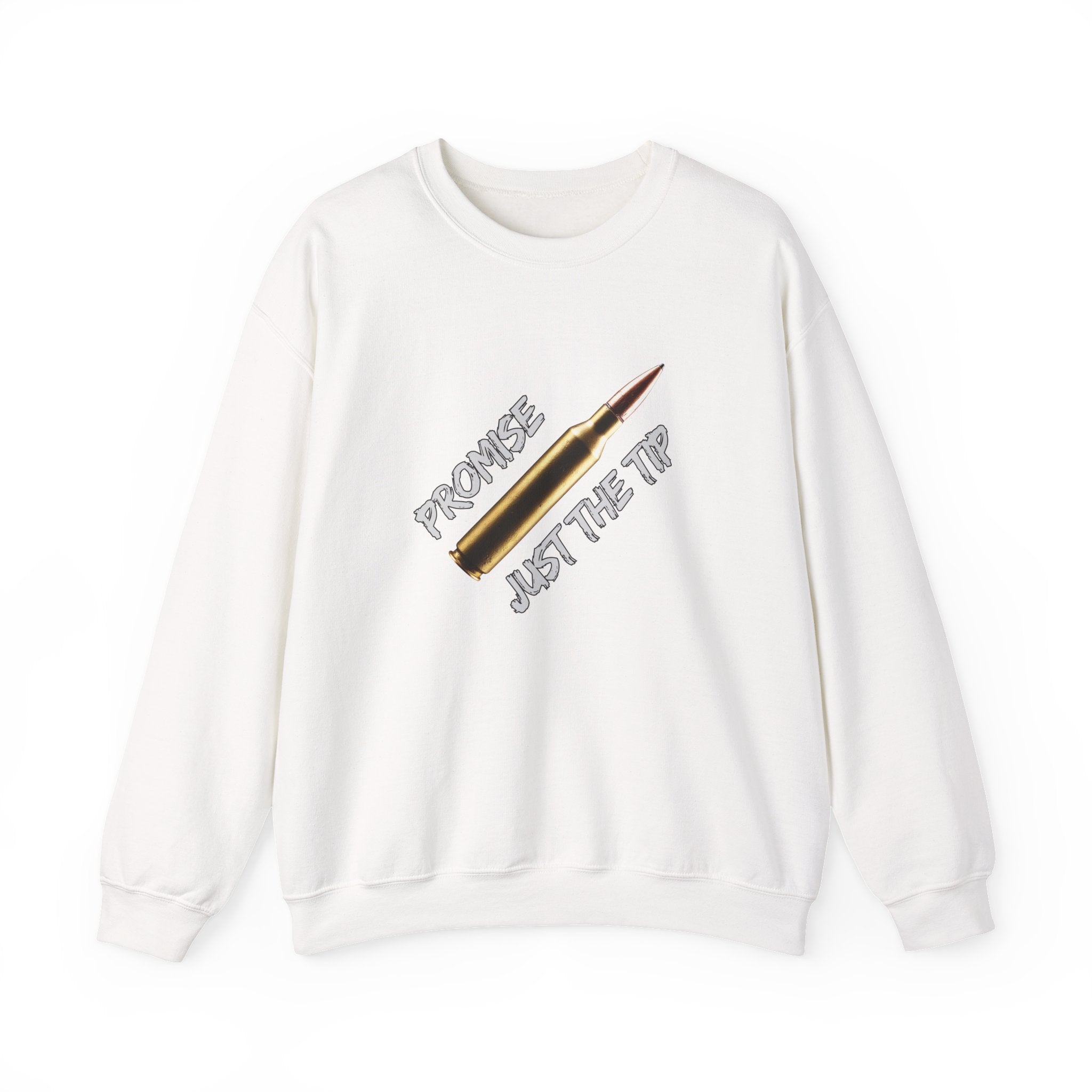 White sweatshirt with a graphic design on a white background