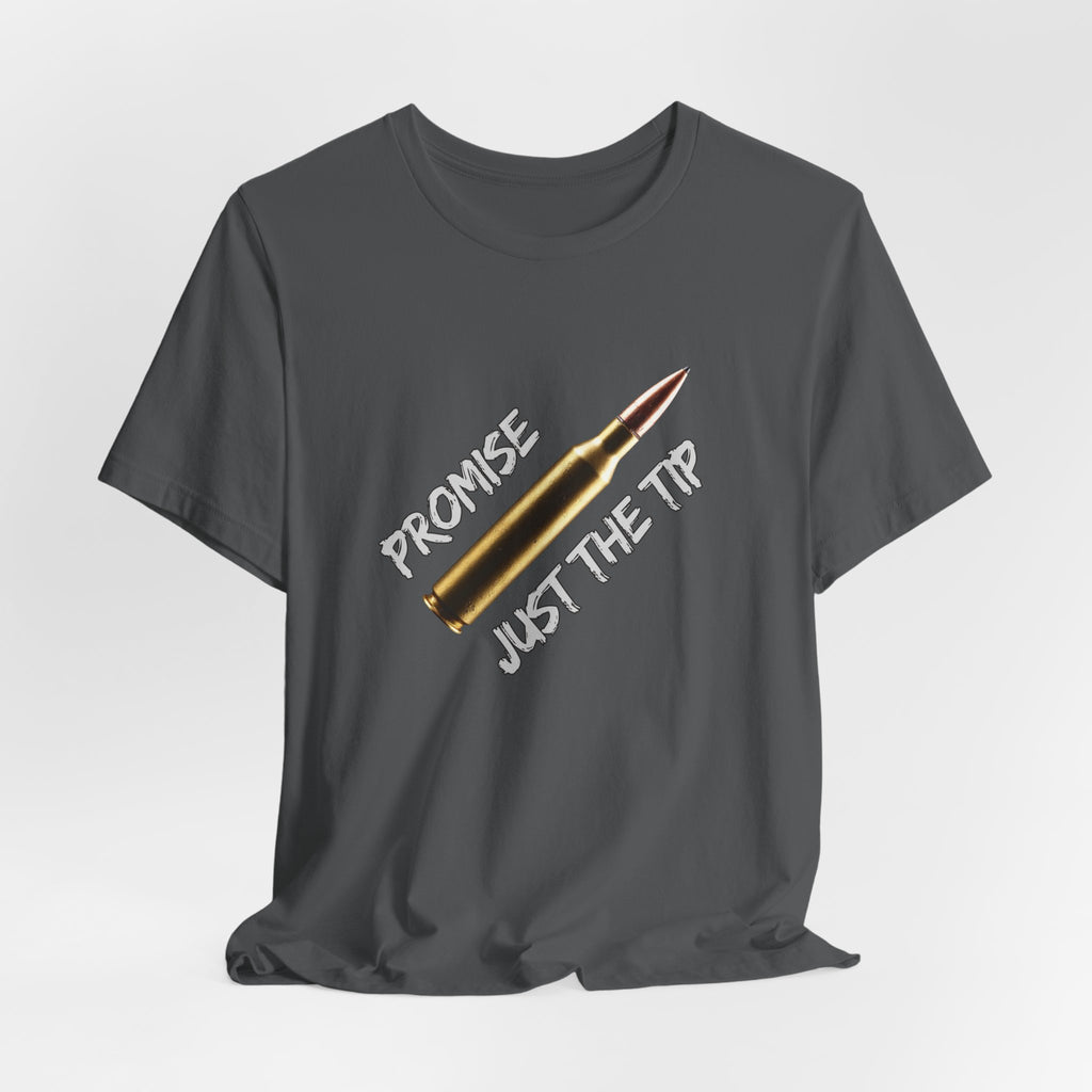 Asphalt gray t-shirt with a bullet graphic and text on a light gray background
