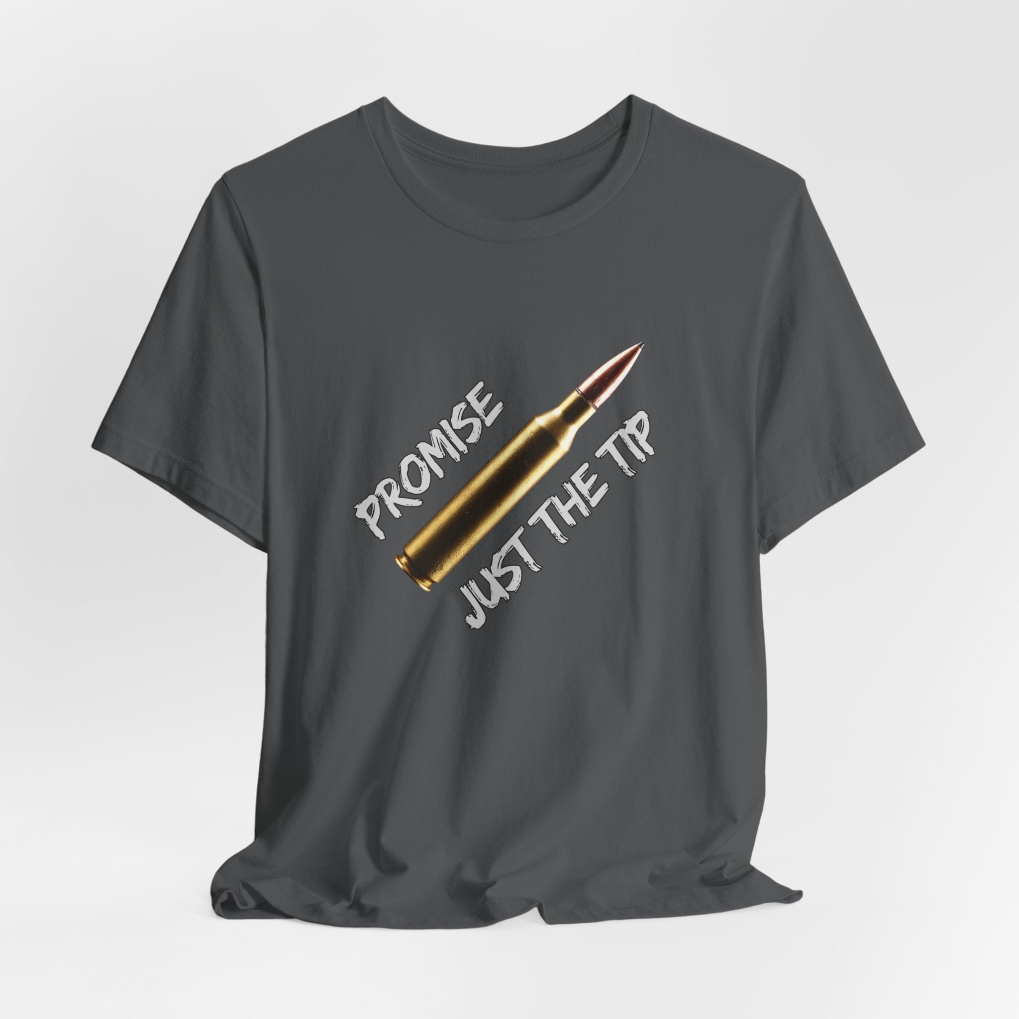 Asphalt gray t-shirt with a bullet graphic and text on a light gray background