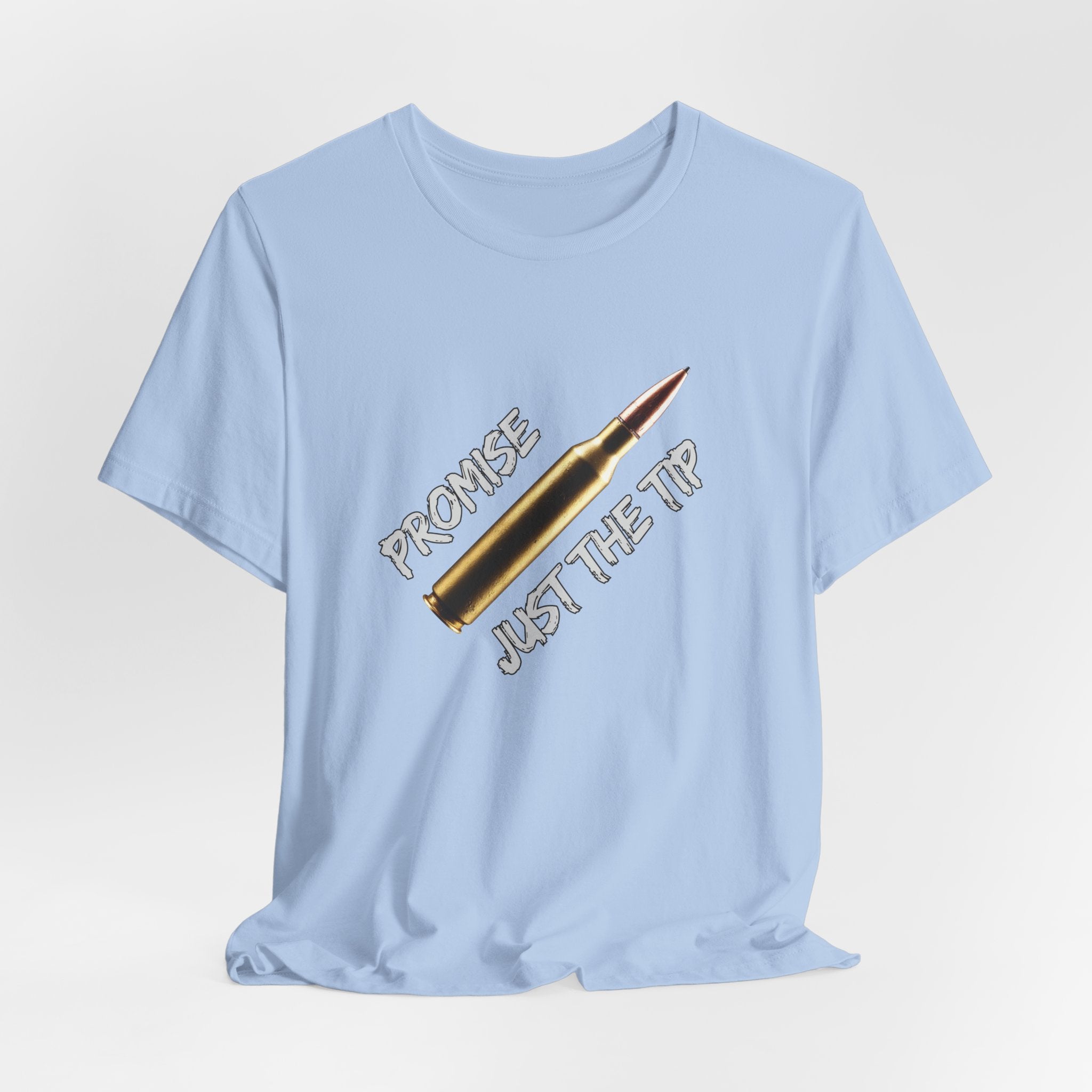 Light blue t-shirt with a graphic of a bullet and text on a light gray background