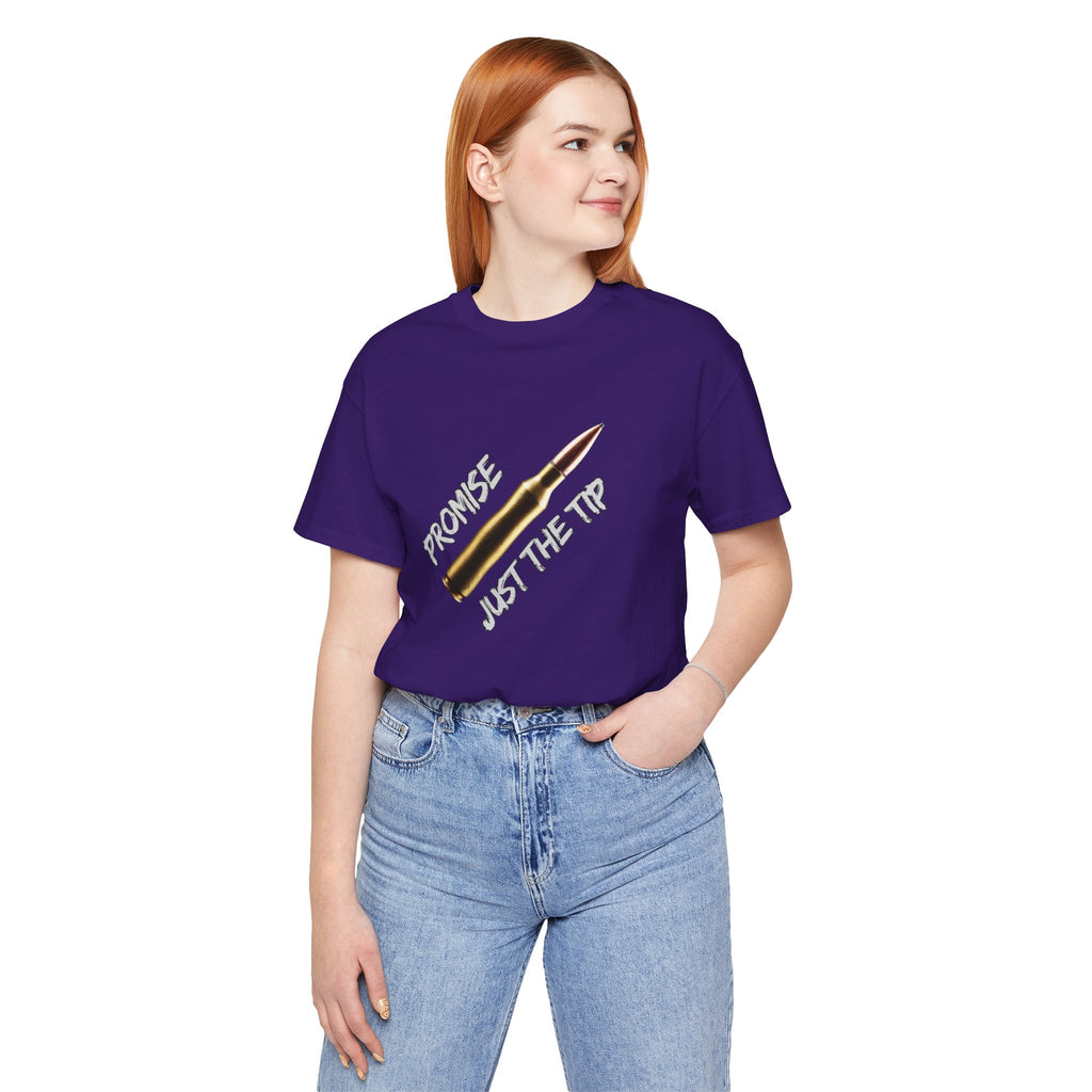 Person wearing a purple t-shirt with a graphic design and text on a white background