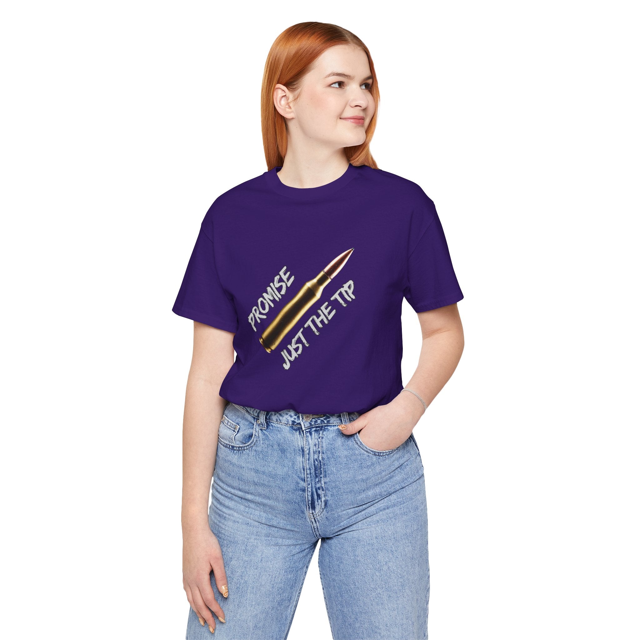 Person wearing a purple t-shirt with a graphic design and text on a white background