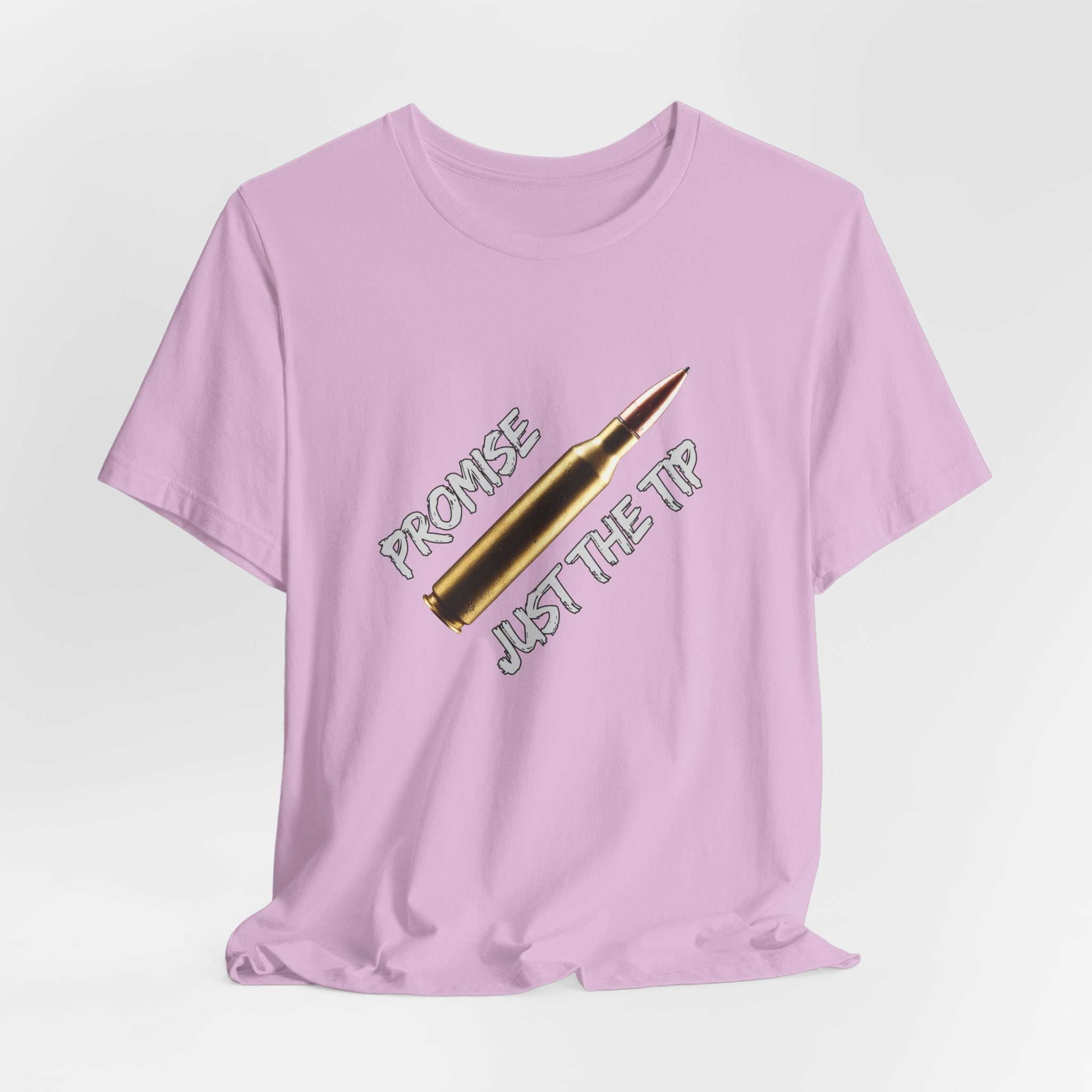 Lilac purple t-shirt with a graphic design and text on a light gray background
