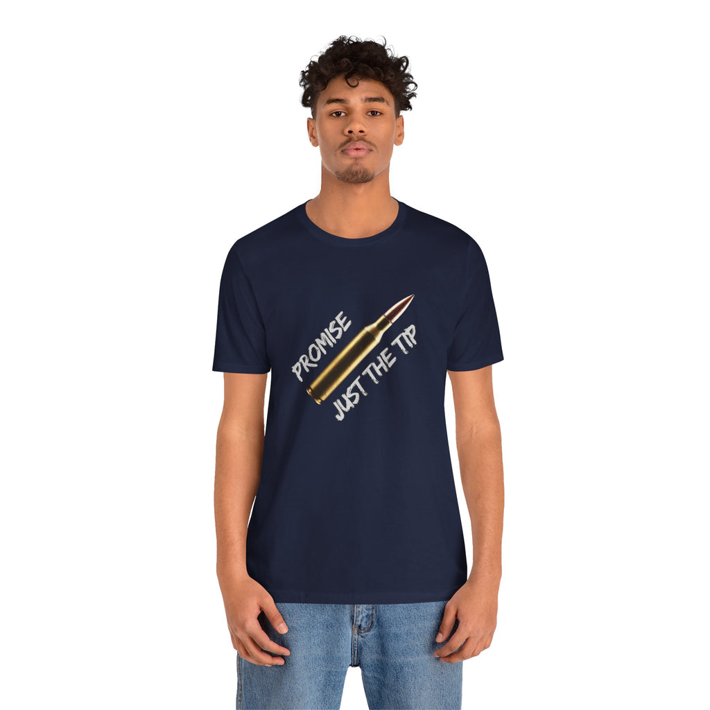 Person wearing a navy blue t-shirt with a graphic design and text on a white background