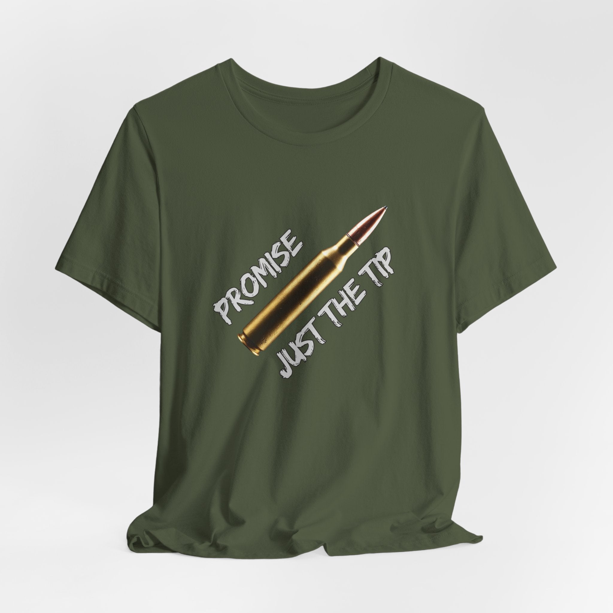 Military green t-shirt with a bullet graphic and text on a white background