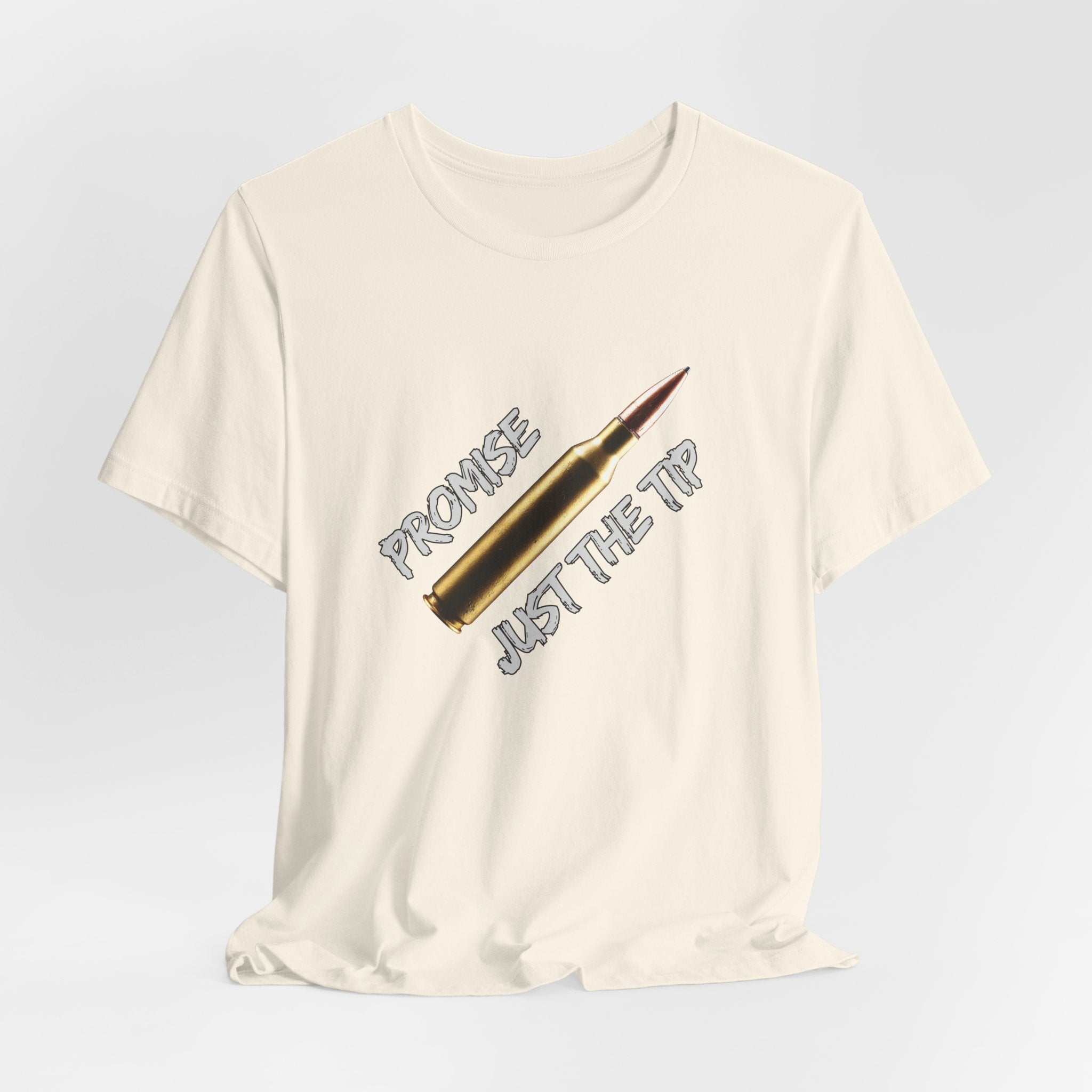Natural beige t-shirt with a graphic design and text on a light gray background