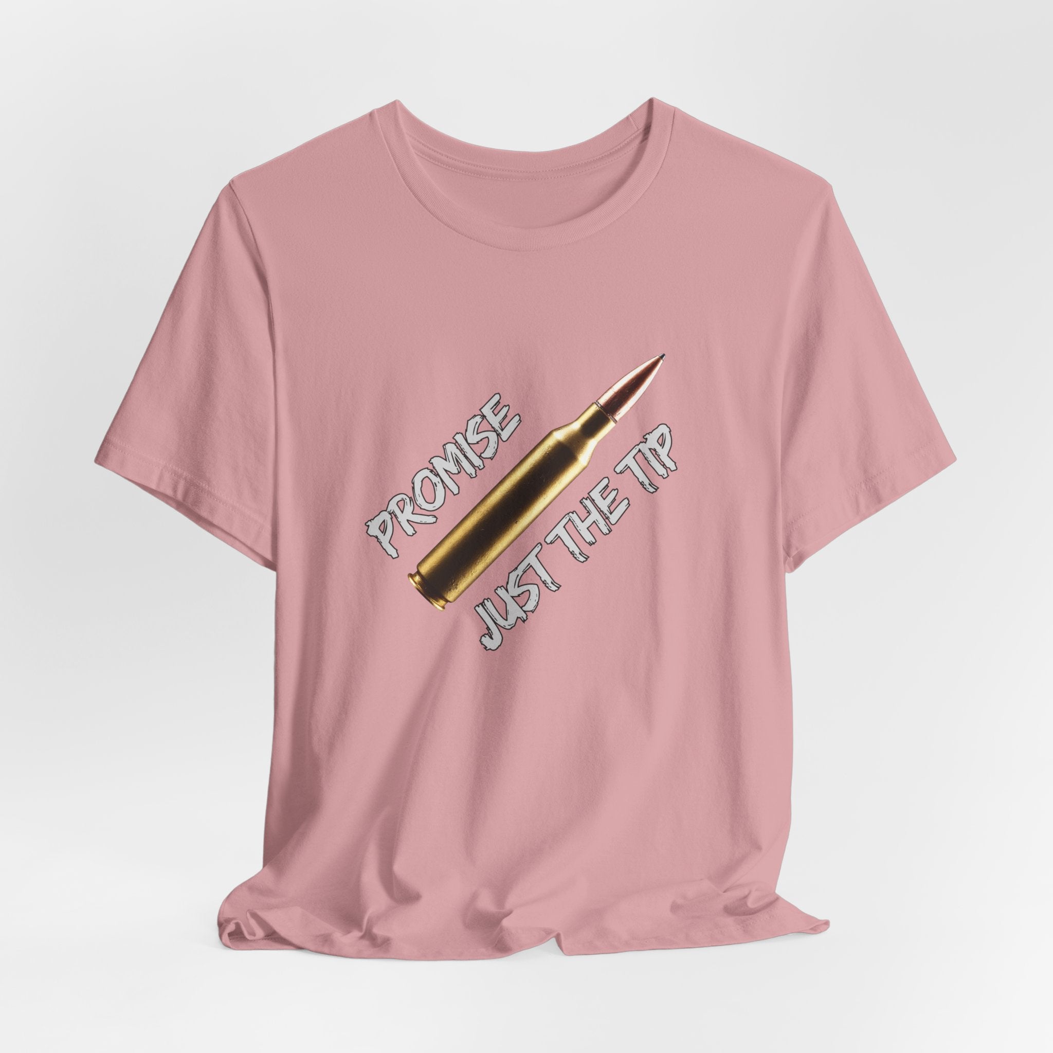 Orchid pink t-shirt with a graphic design and text on a light gray background