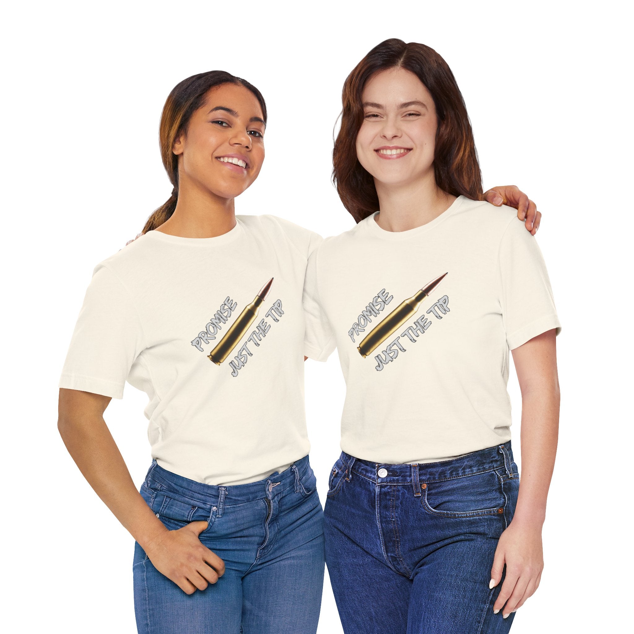 Two women wearing matching white t-shirts with text and a pen graphic on a white background