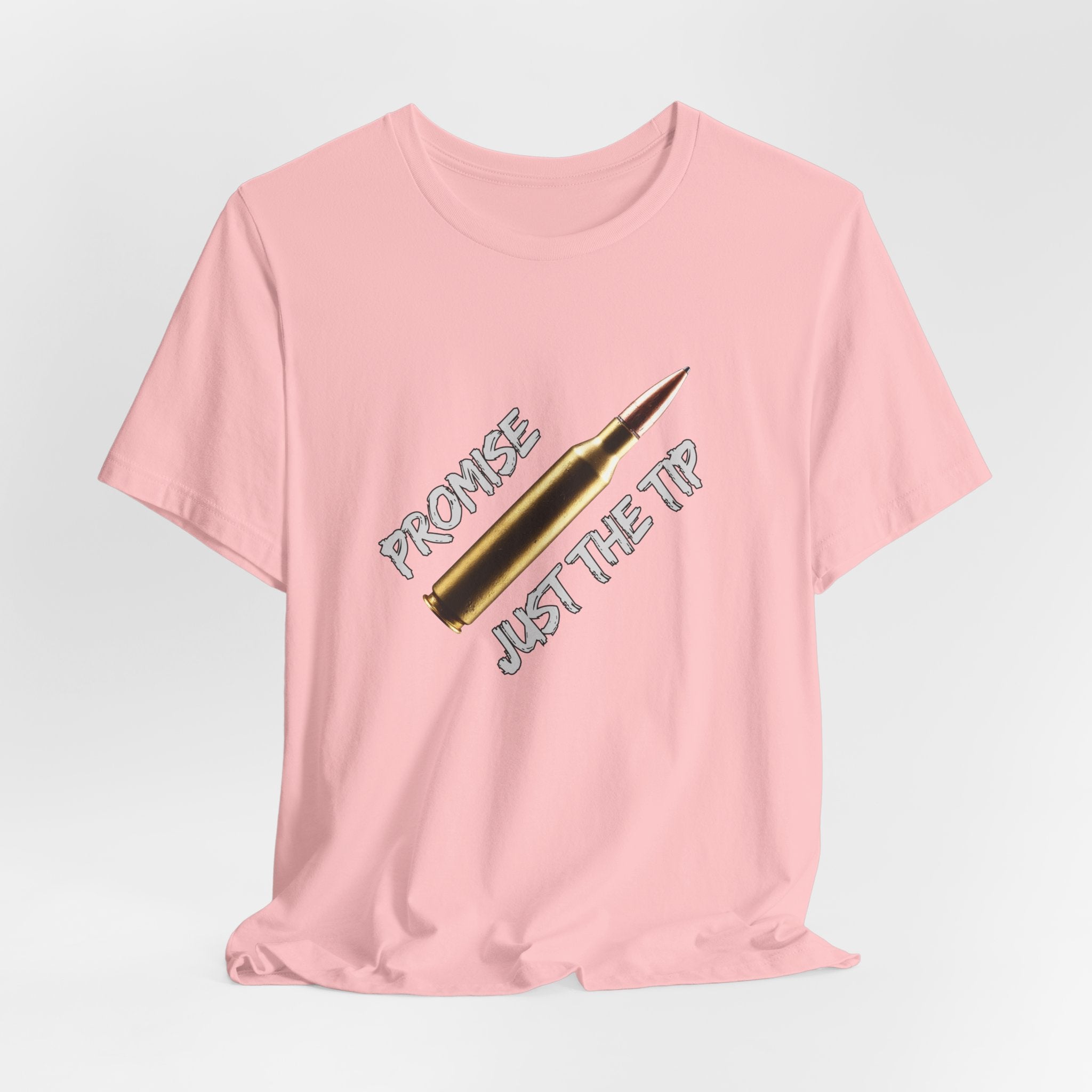 Pink t-shirt with a graphic design and text on a light gray background