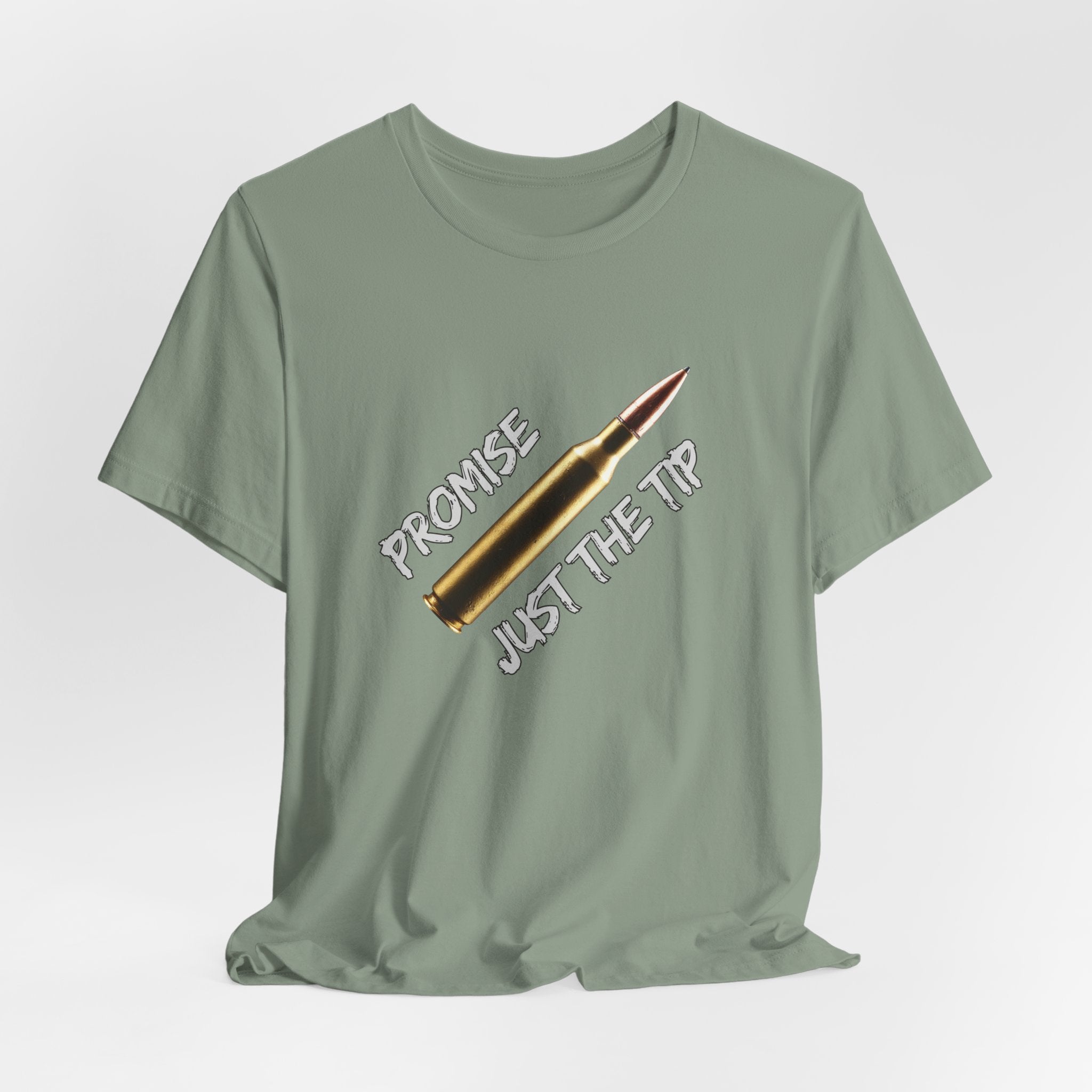 Sage green t-shirt with a graphic design and text on a light gray background
