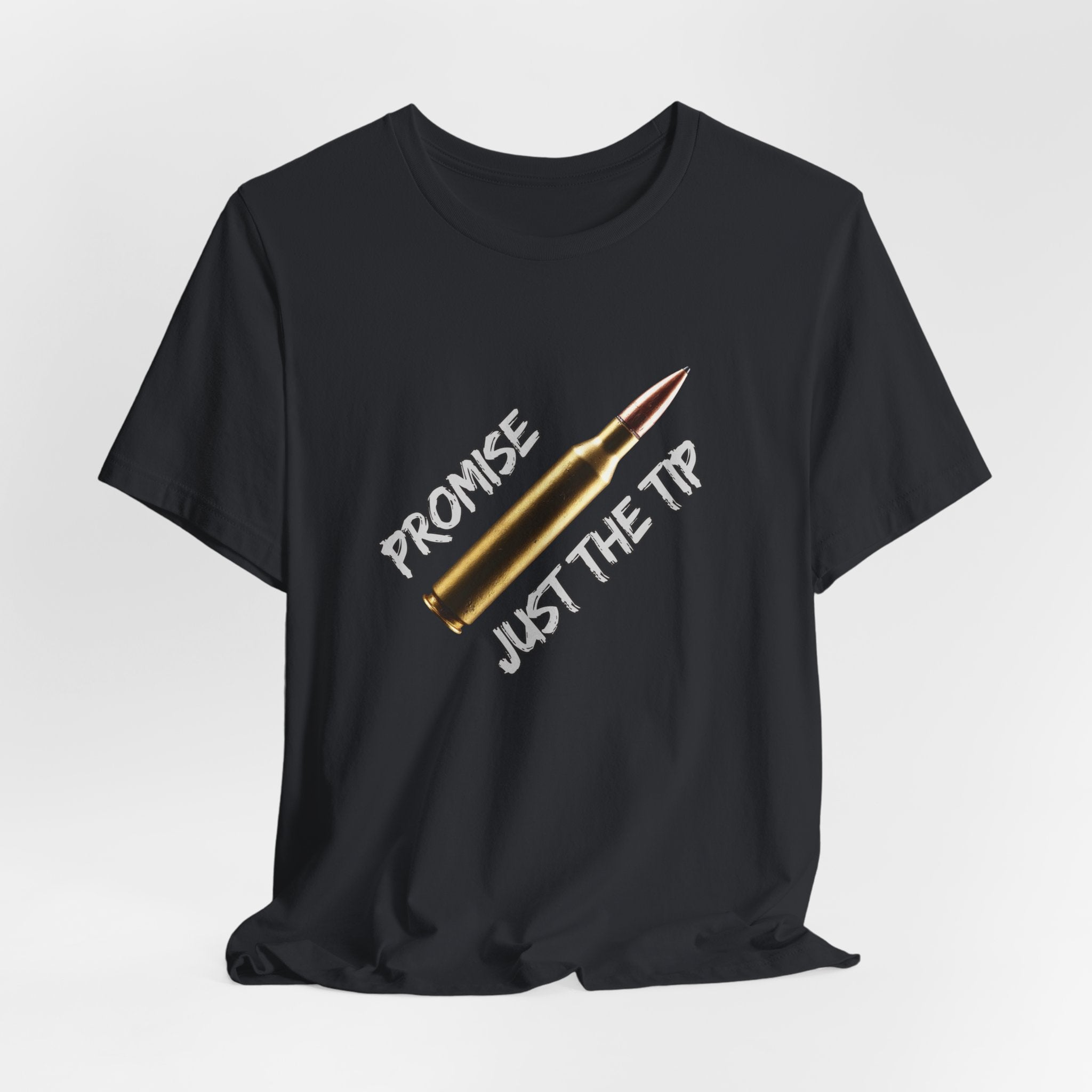 Vintage black t-shirt with a bullet graphic and text on a white background