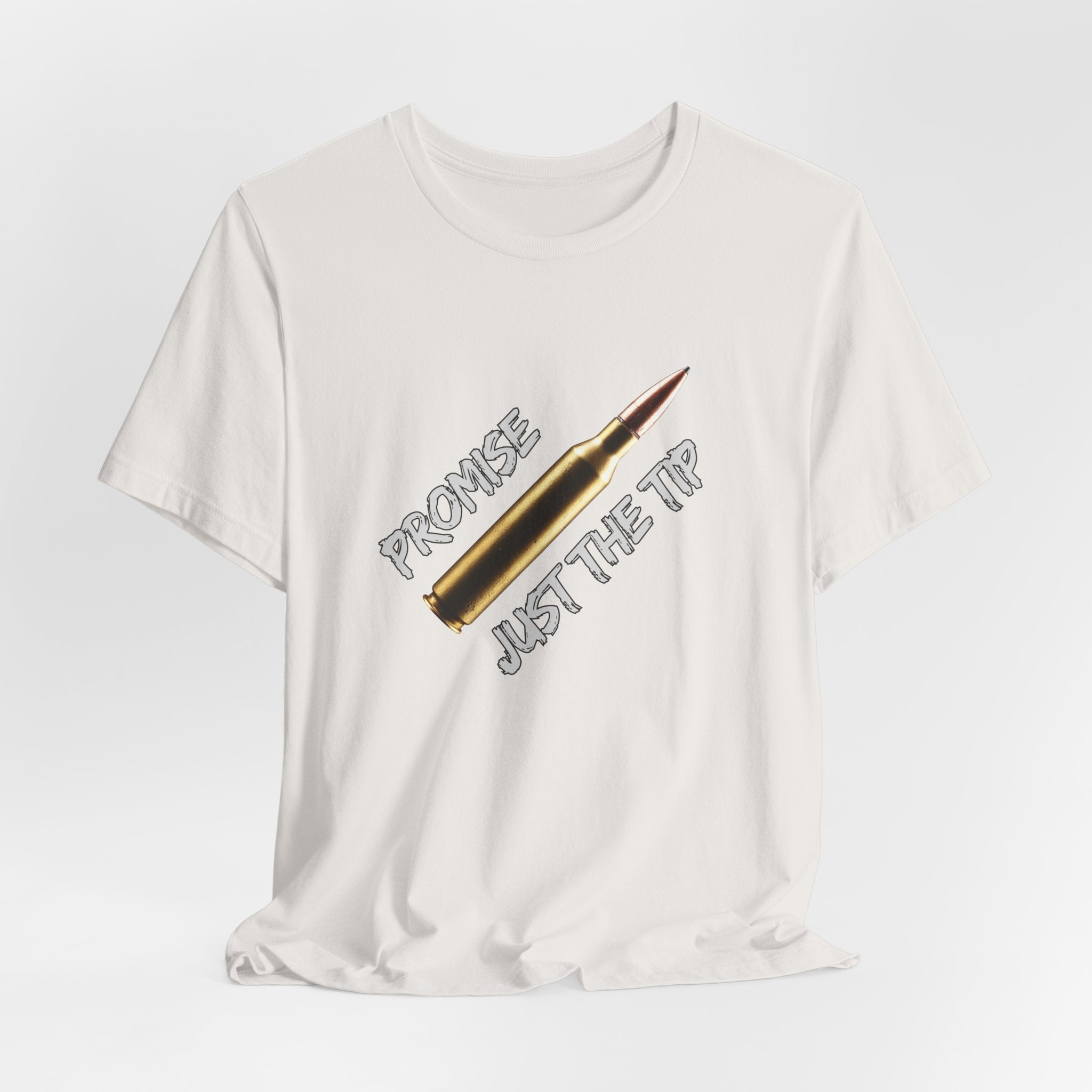 Vintage white t-shirt with a graphic of a bullet and text on a white background