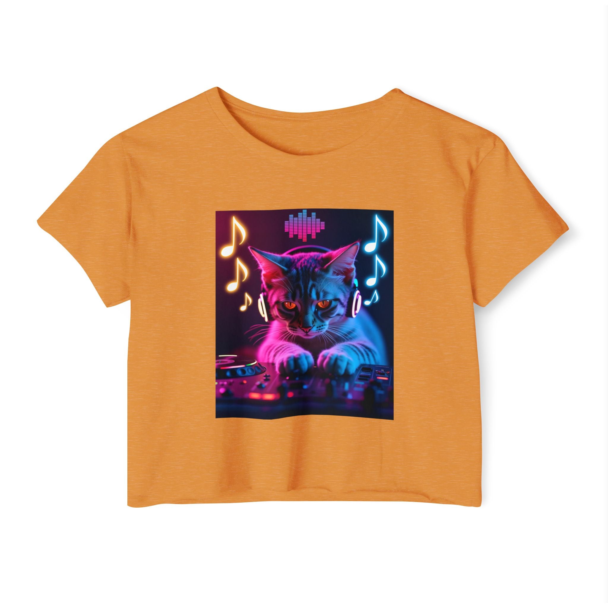 Antique gold orange t-shirt with a cat DJ graphic on a white background