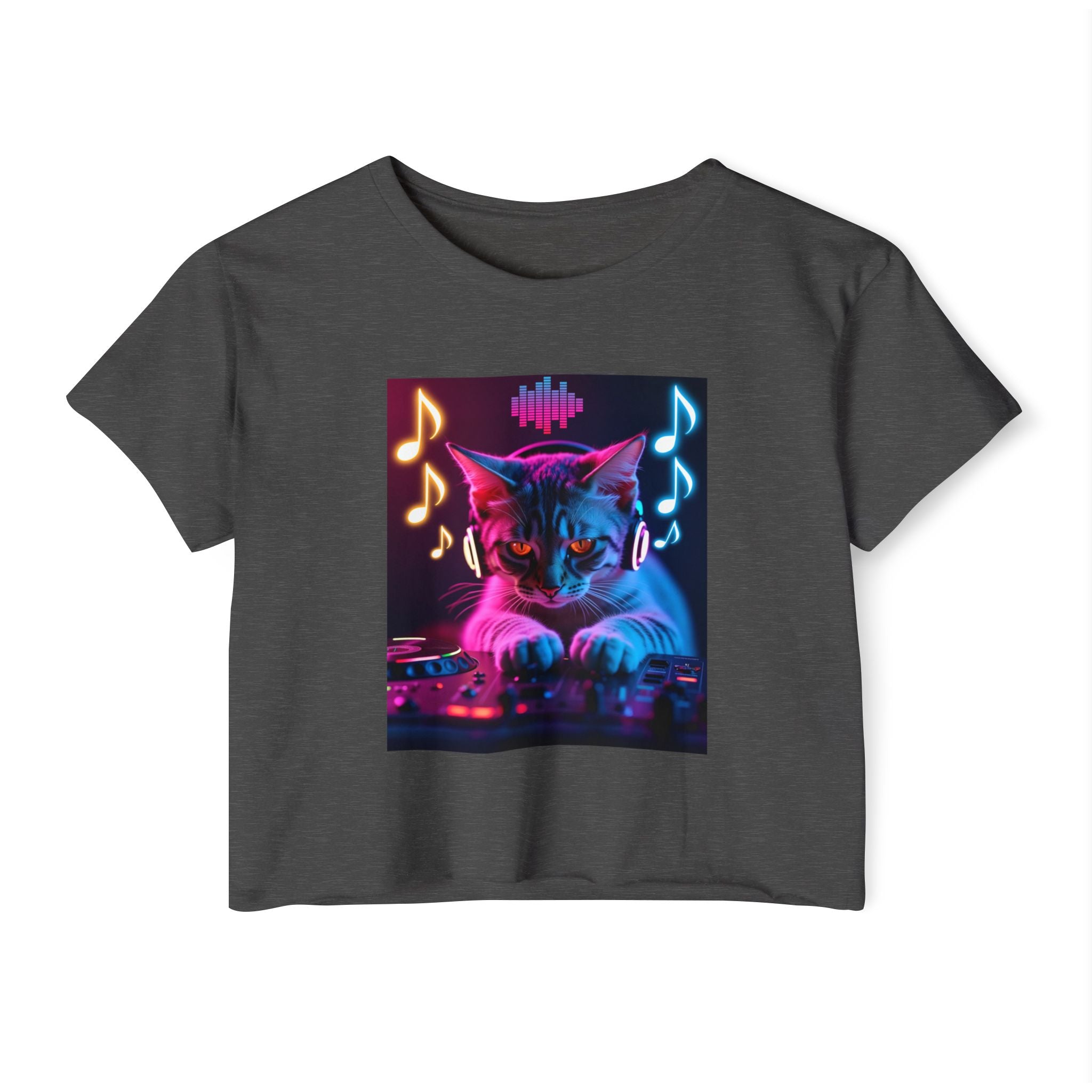 Charcoal gray t-shirt with a cat DJ graphic on a white background