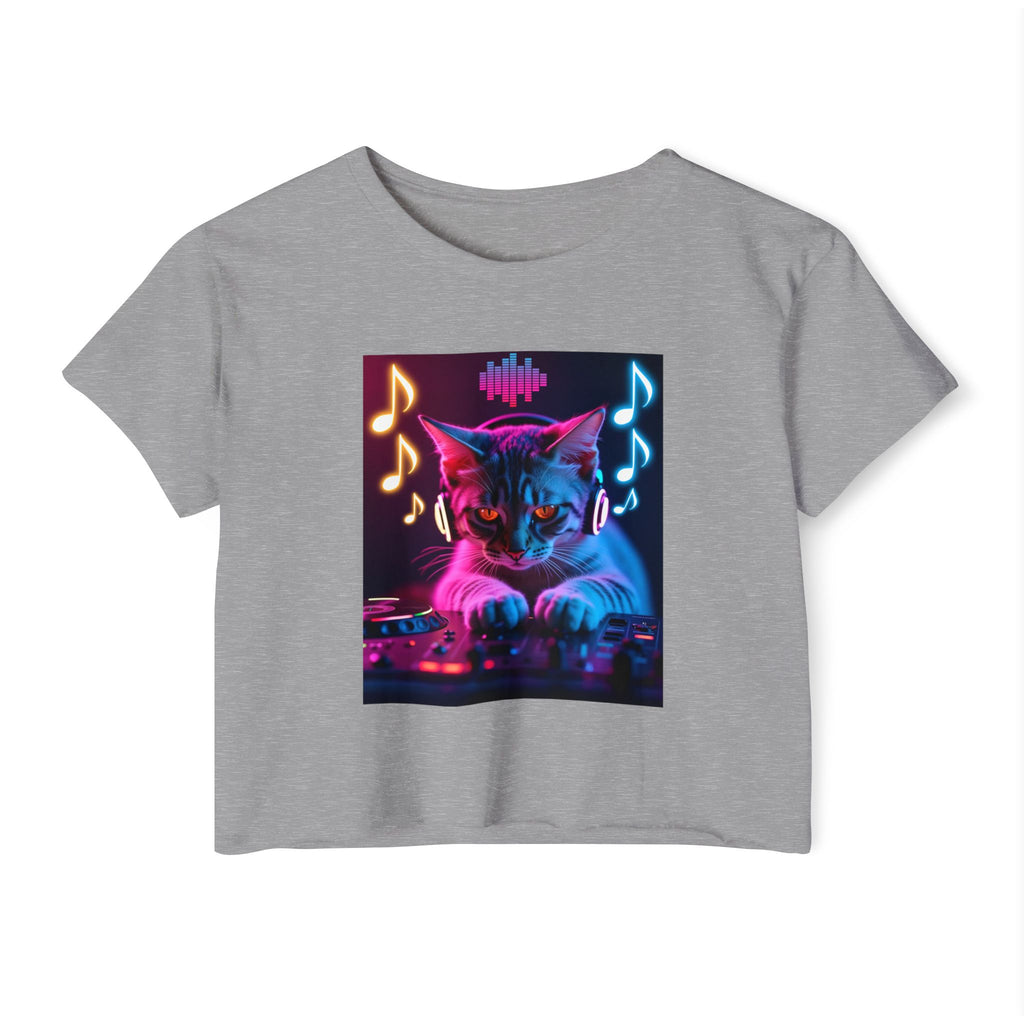 Gray t-shirt with a cat graphic featuring music notes and equalizers on a white background