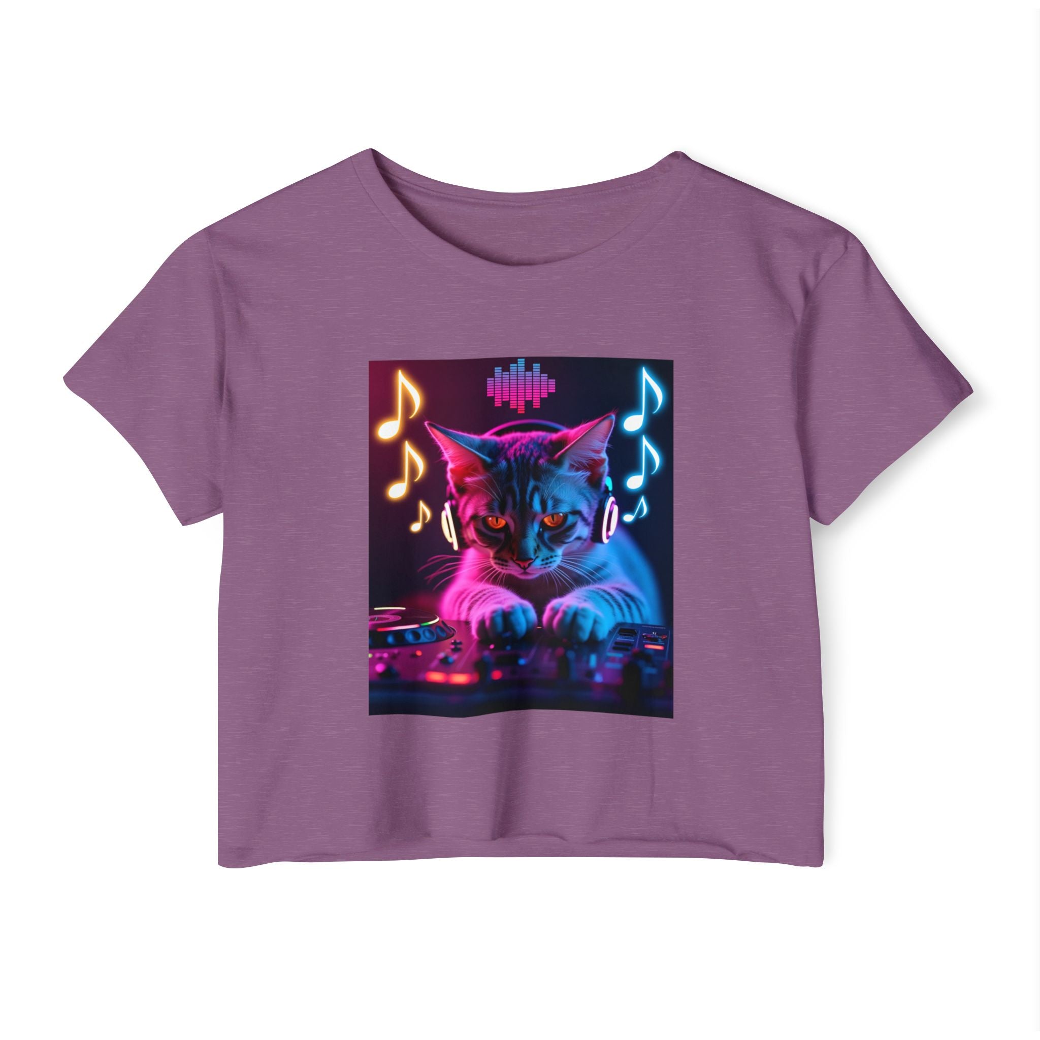 Shiraz purple t-shirt with a cat DJ design on a white background