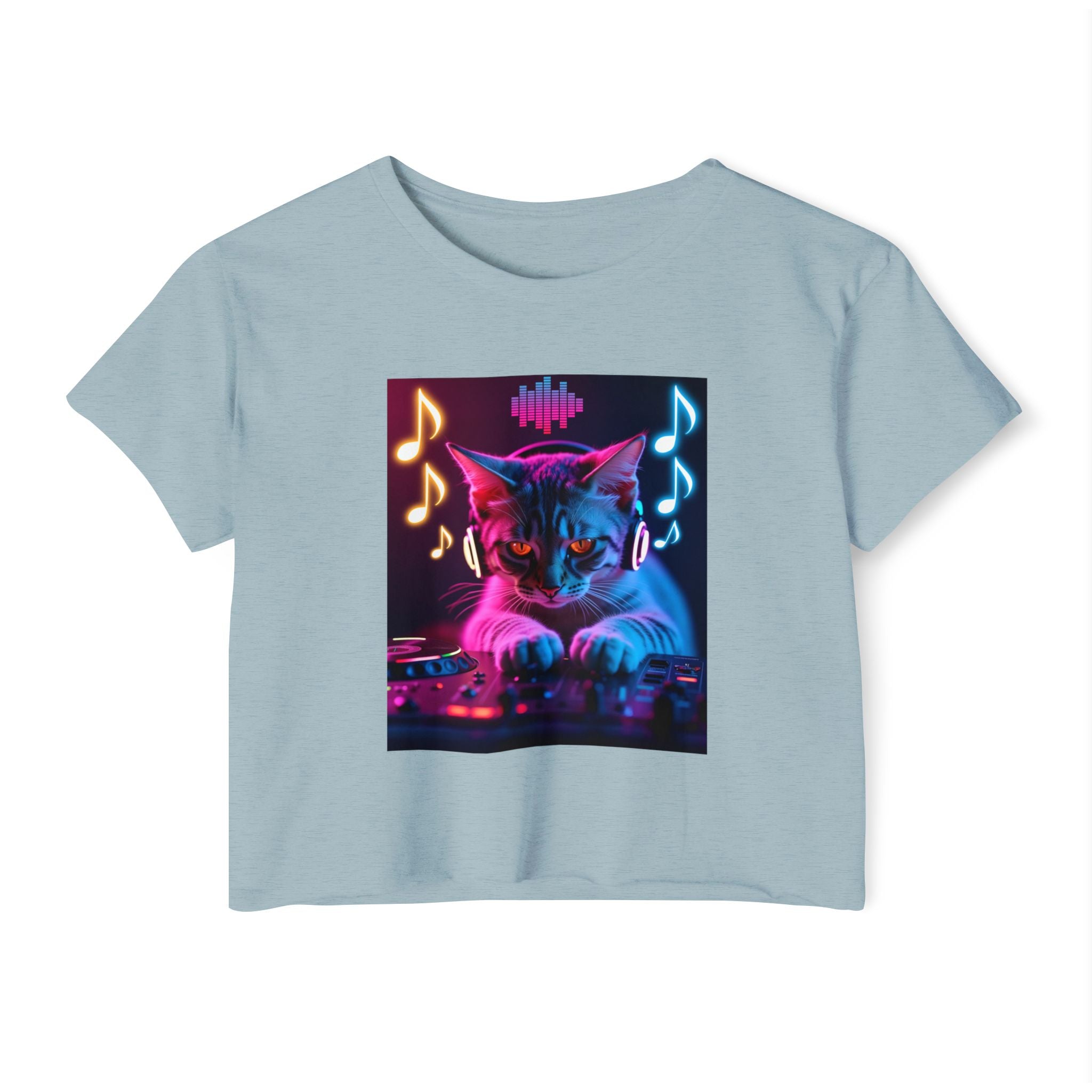 Stonewash denim light blue crop top with a cat graphic featuring music notes and DJ equipment on a white background