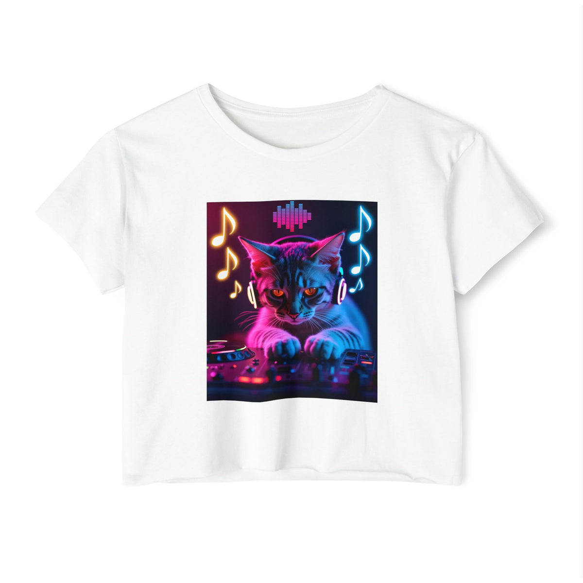 White crop top with a colorful cat graphic featuring music notes and DJ equipment on a white background.