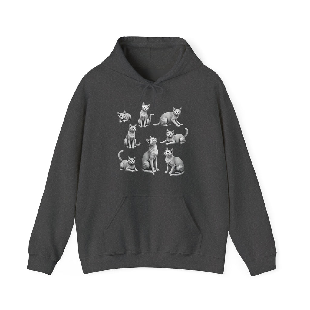 Dark gray hoodie with cat illustrations on a white background