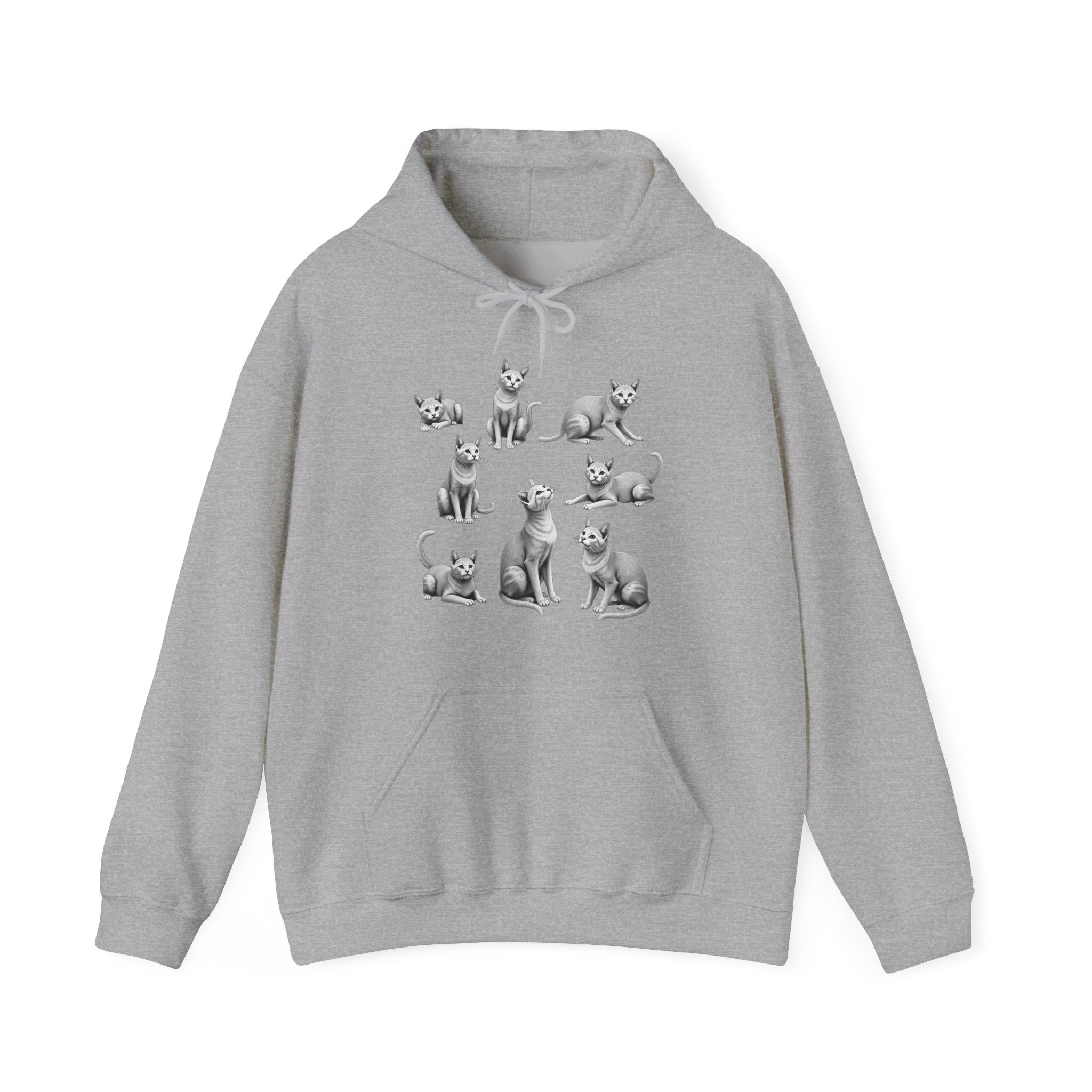 Gray hoodie with black and white illustrations of dogs on a white background