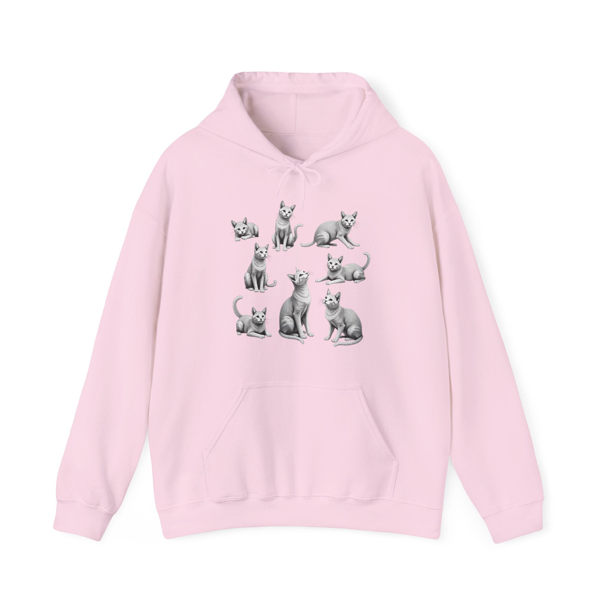 Pink hoodie with cat illustrations on a white background
