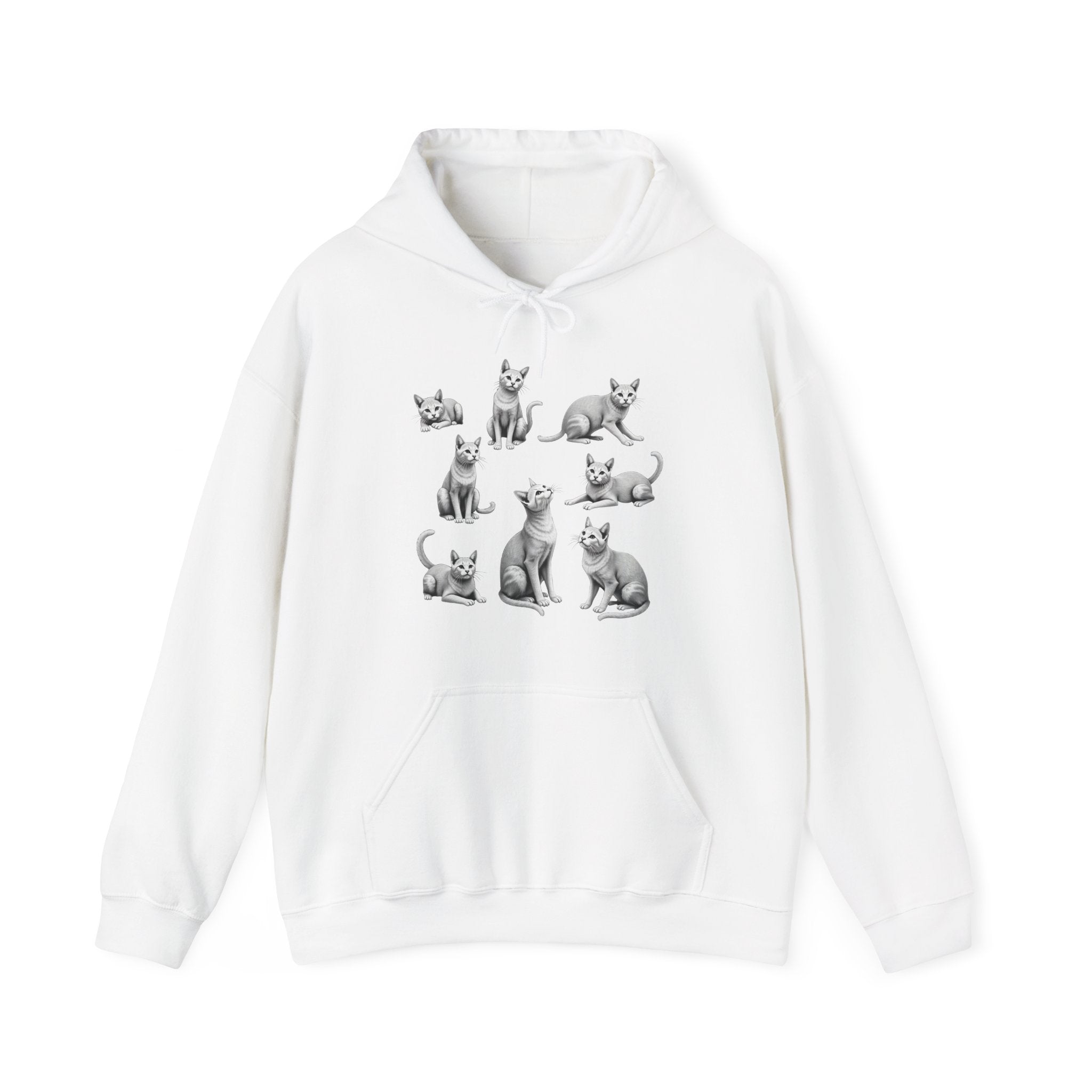 White hoodie with black and white illustrations of a dog on a white background