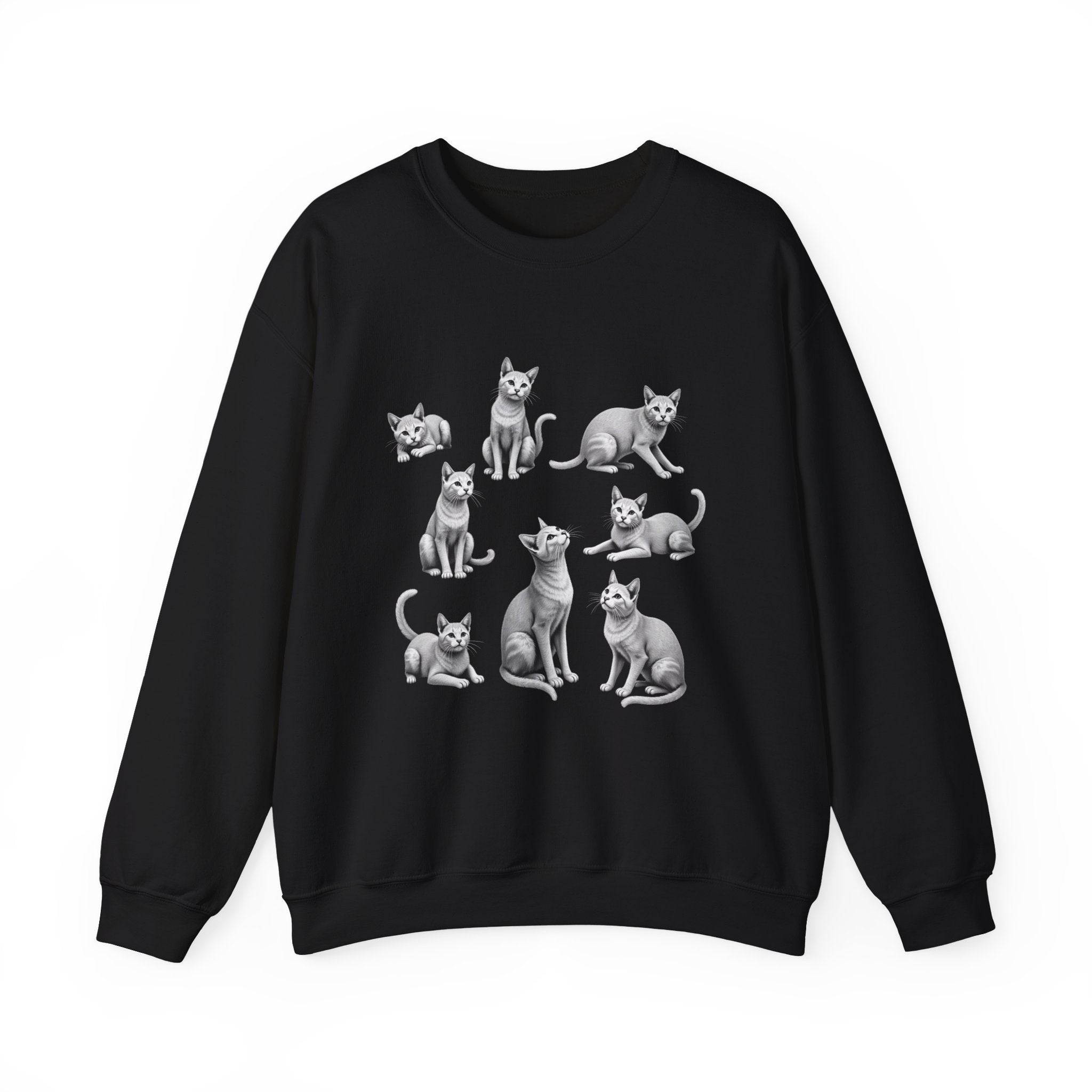 Black sweatshirt with white cat illustrations on a white background