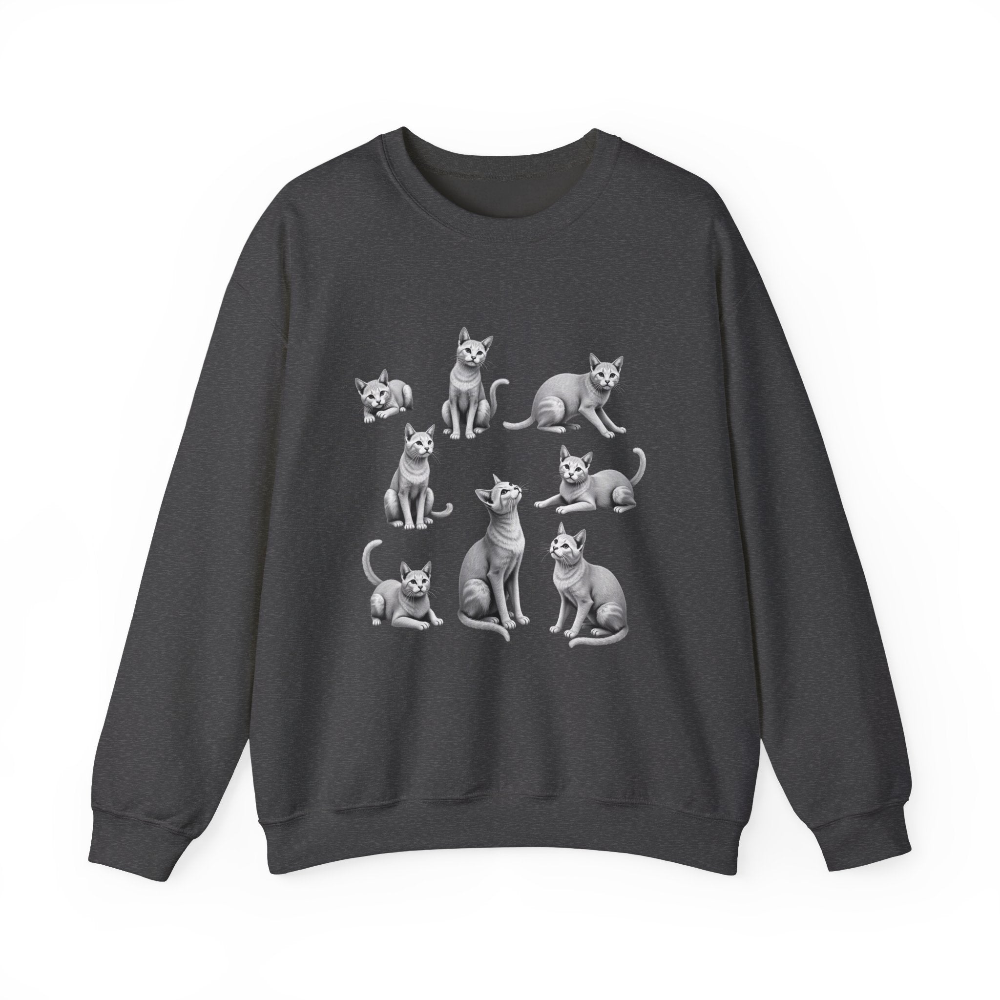 Dark heather sweatshirt with illustrations of cats on a white background
