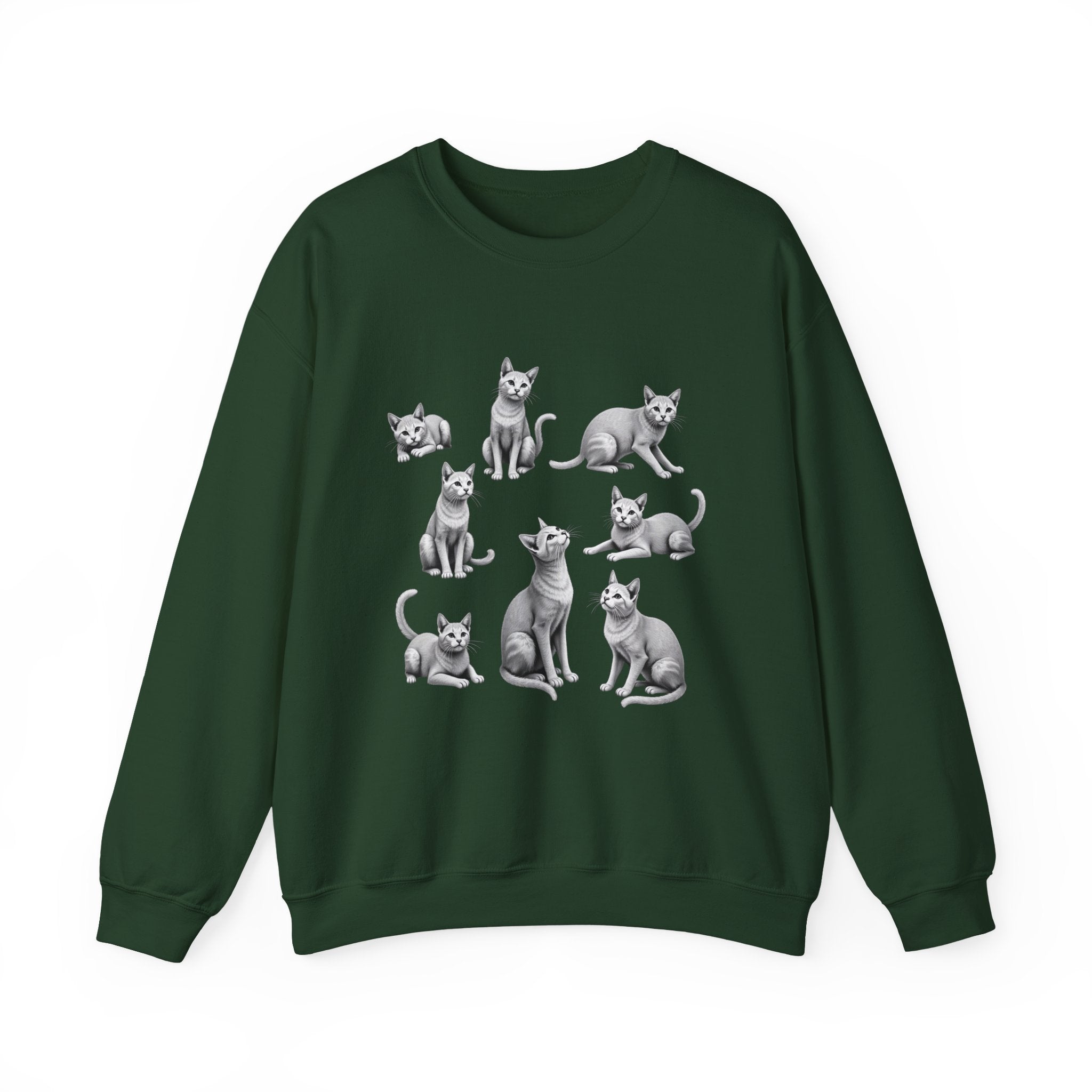 Forest green sweatshirt with black and white cat illustrations on a white background