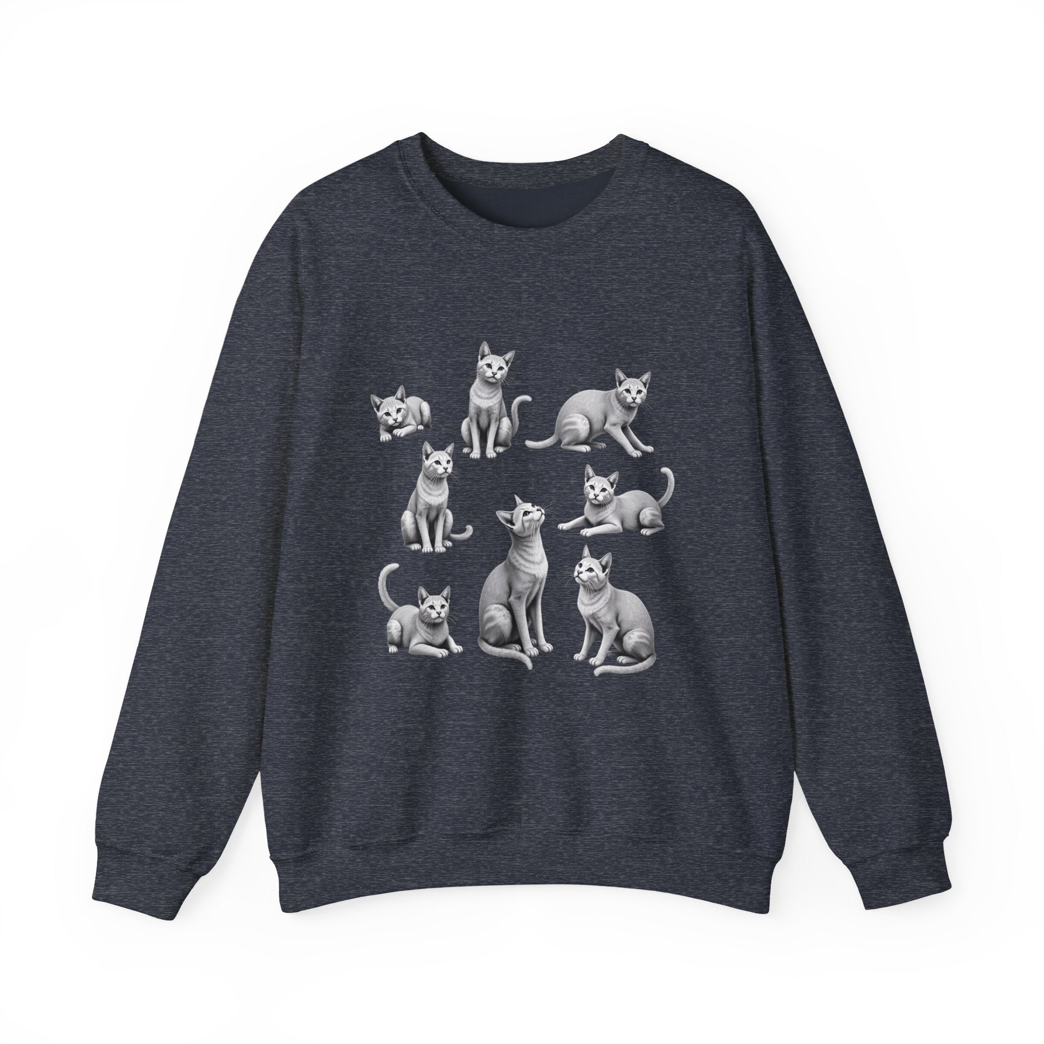 Heather sport dark navy sweatshirt with cat illustrations on a white background