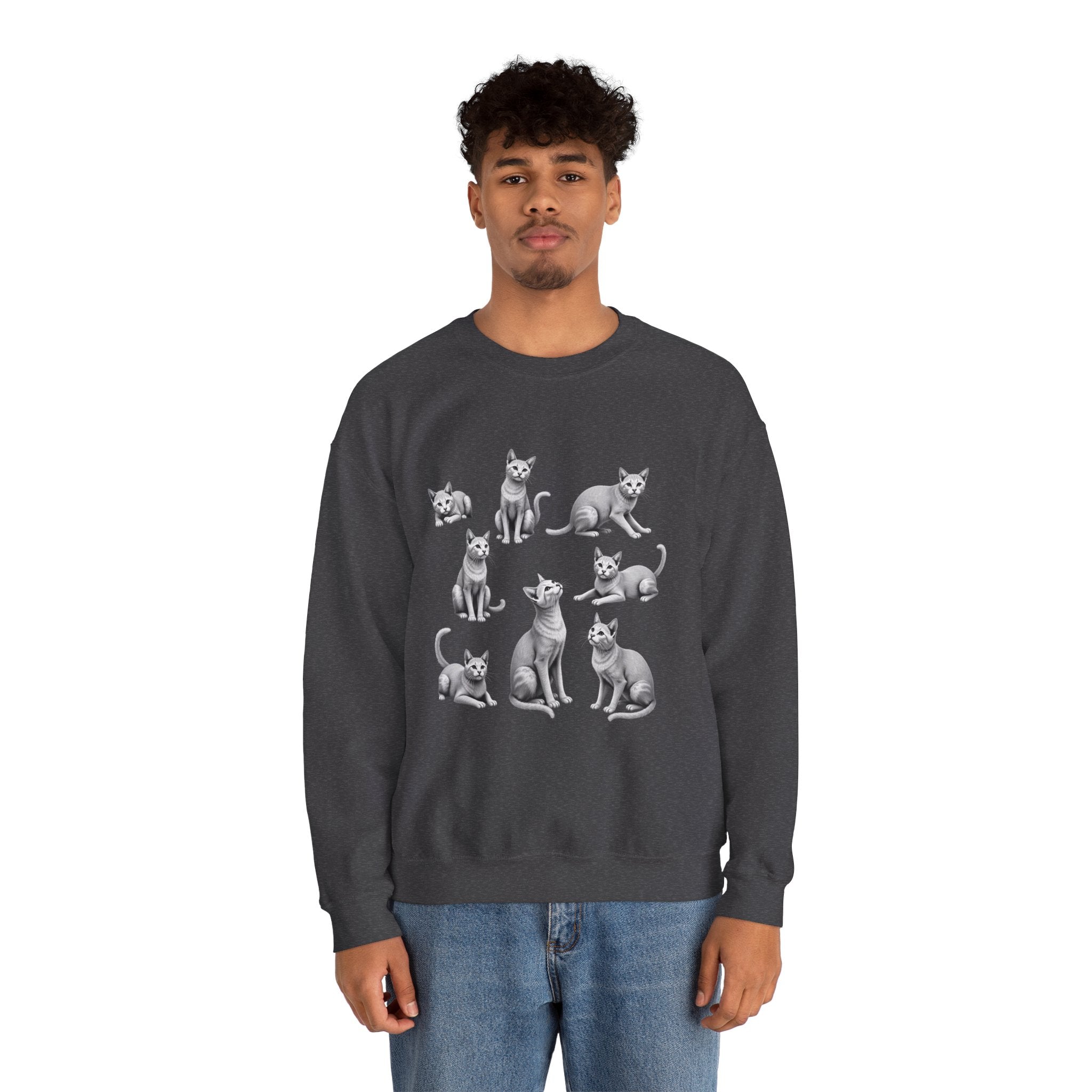 Person wearing a dark gray sweatshirt with cat illustrations on a white background