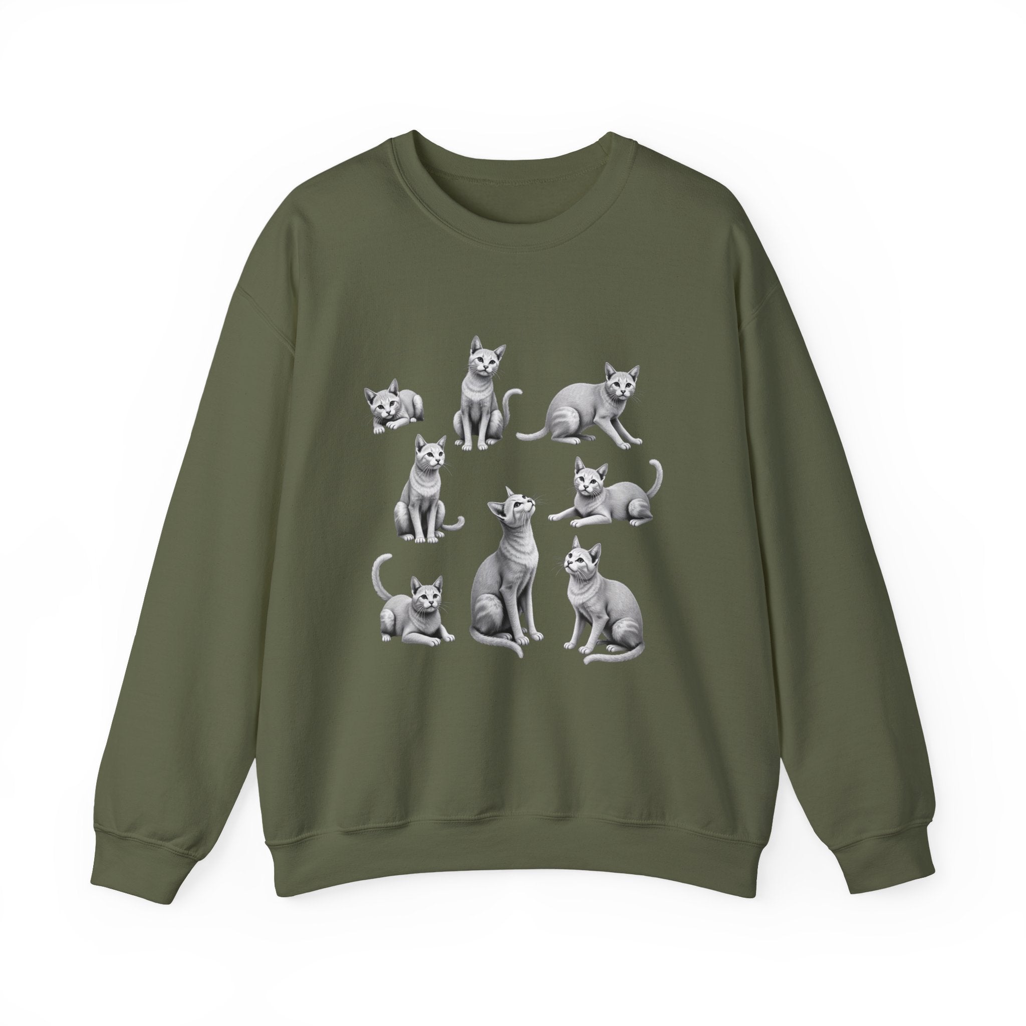 Military green sweatshirt with black and white cat illustrations on a white background