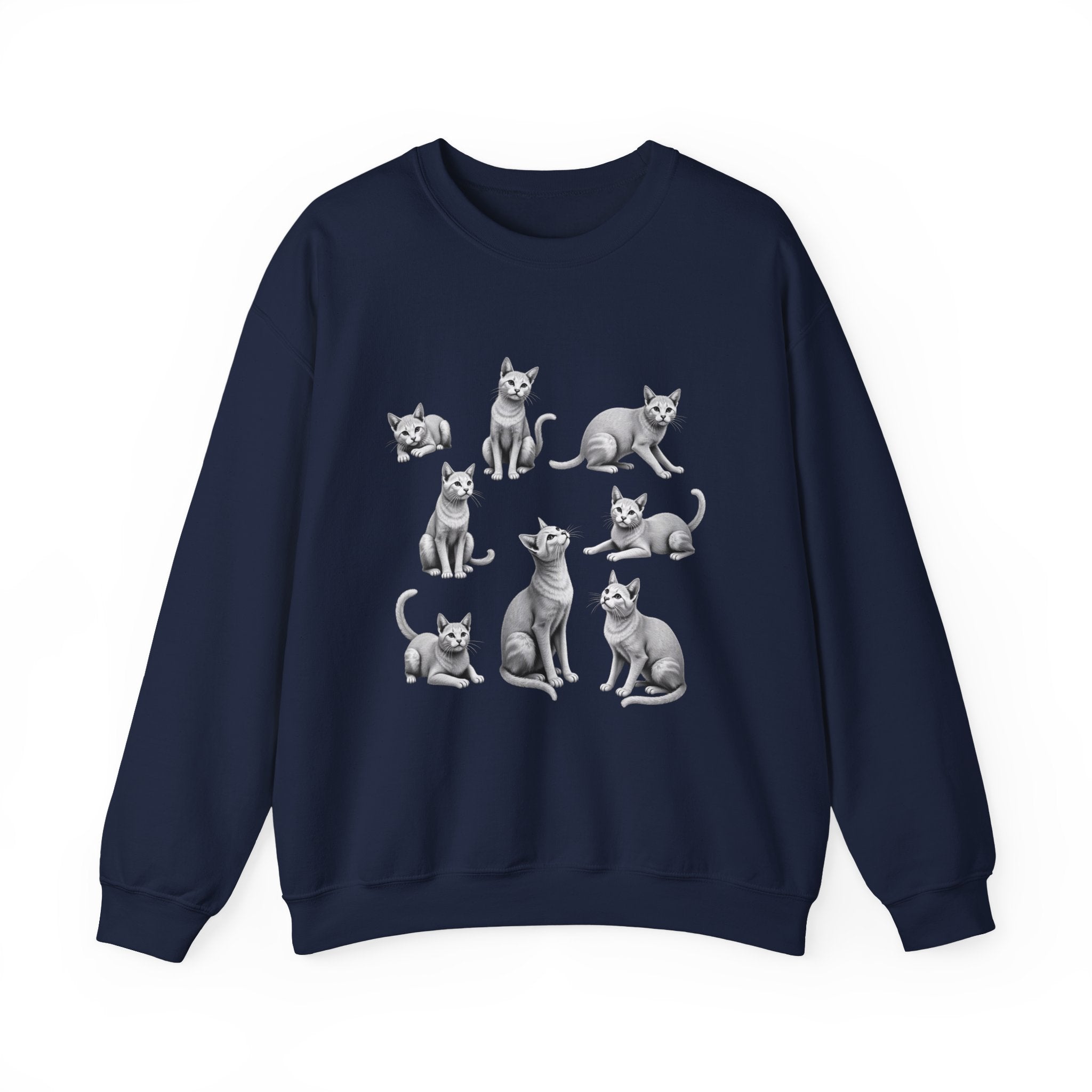 Navy blue sweatshirt with white cat illustrations on a white background