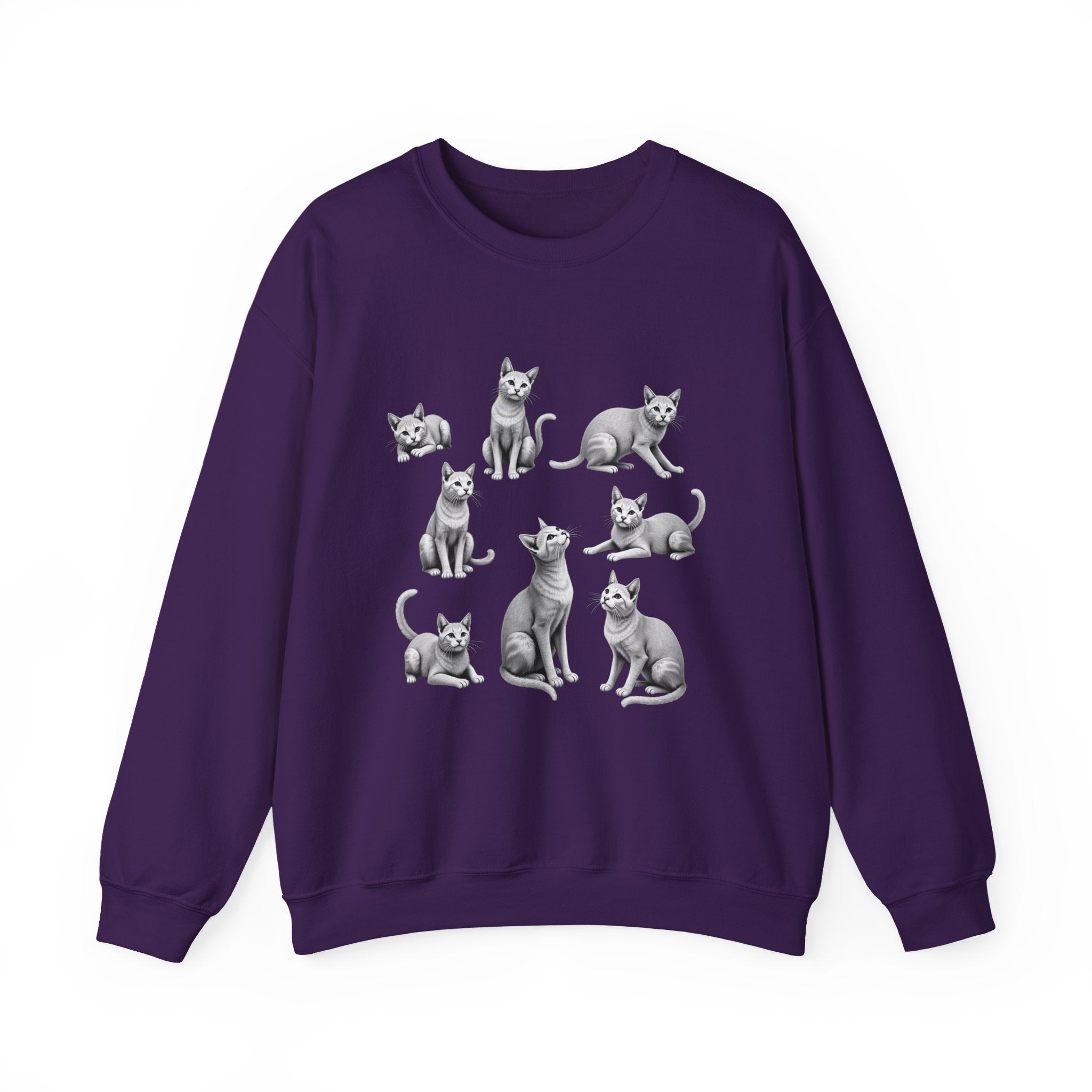 Purple sweatshirt with gray cat illustrations on a white background