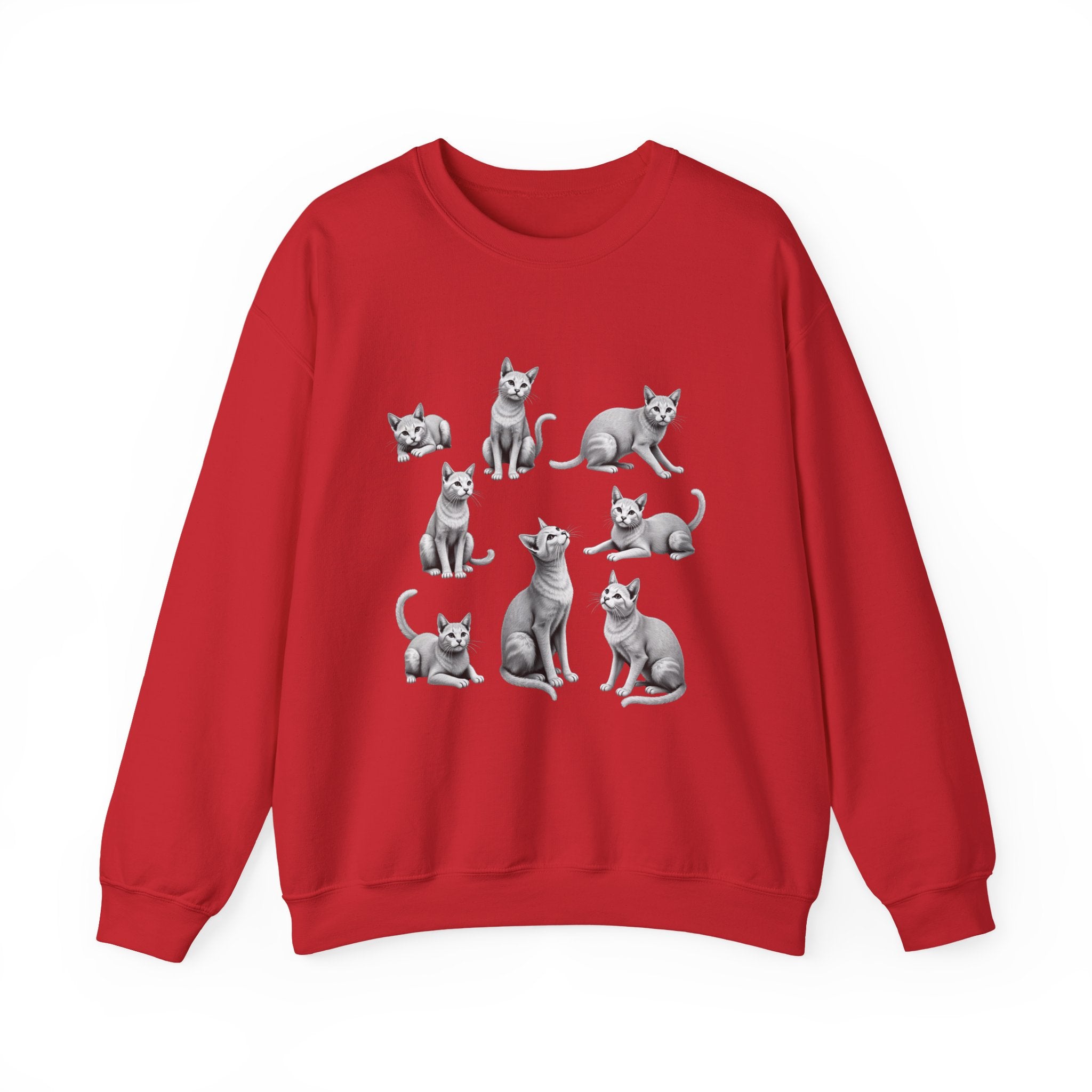 Red sweatshirt with gray cat illustrations on a white background