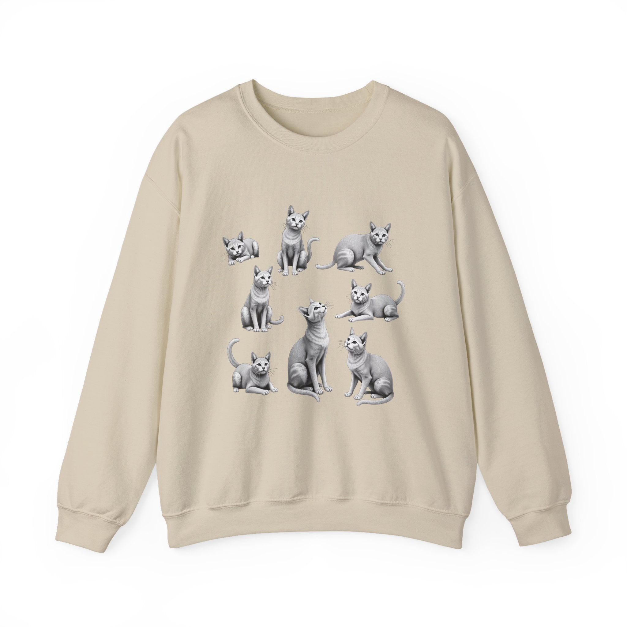 Beige sweatshirt with illustrations of cats on a white background