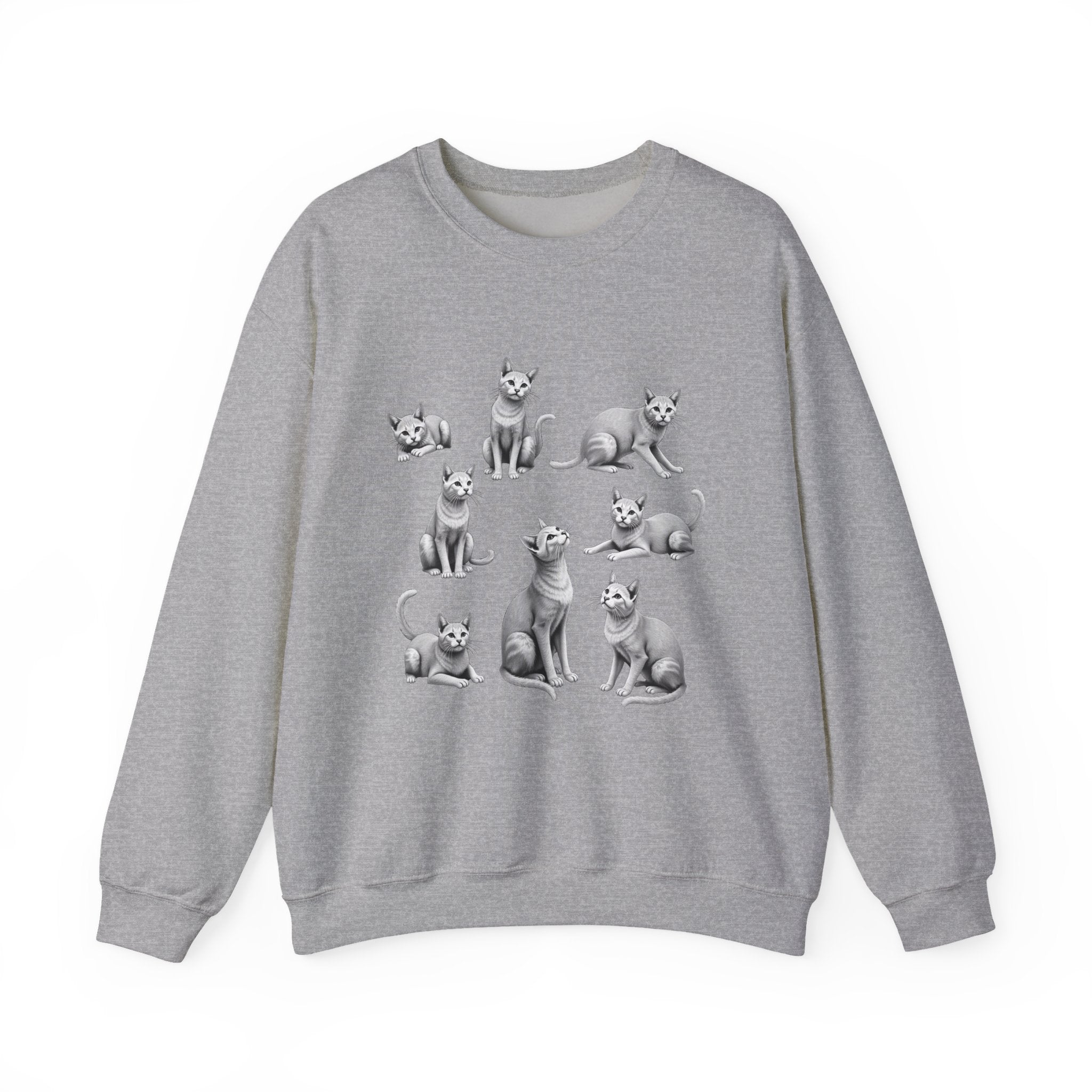 Gray sweatshirt with cat illustrations on a white background