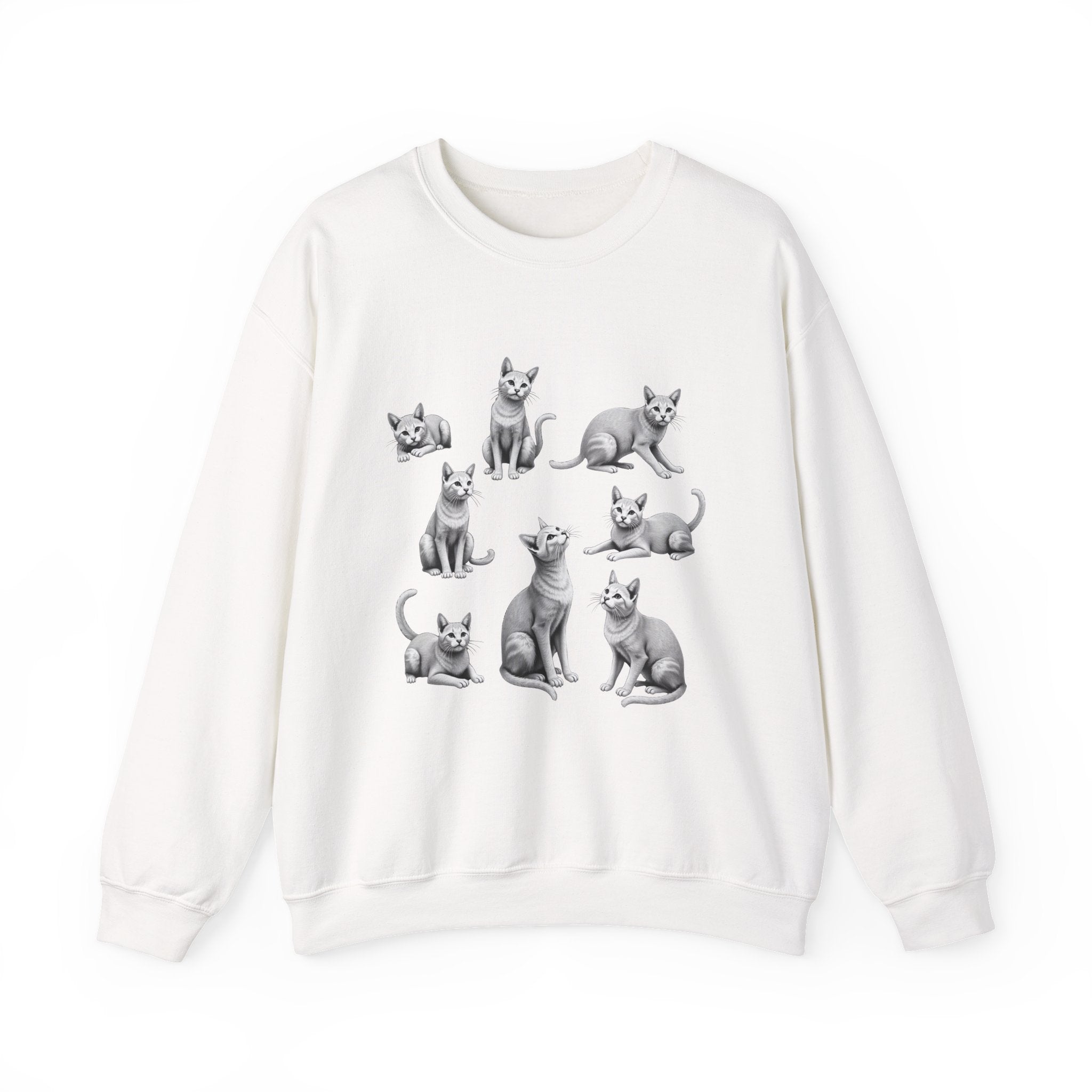White sweatshirt with black and white illustrations of cats on a white background