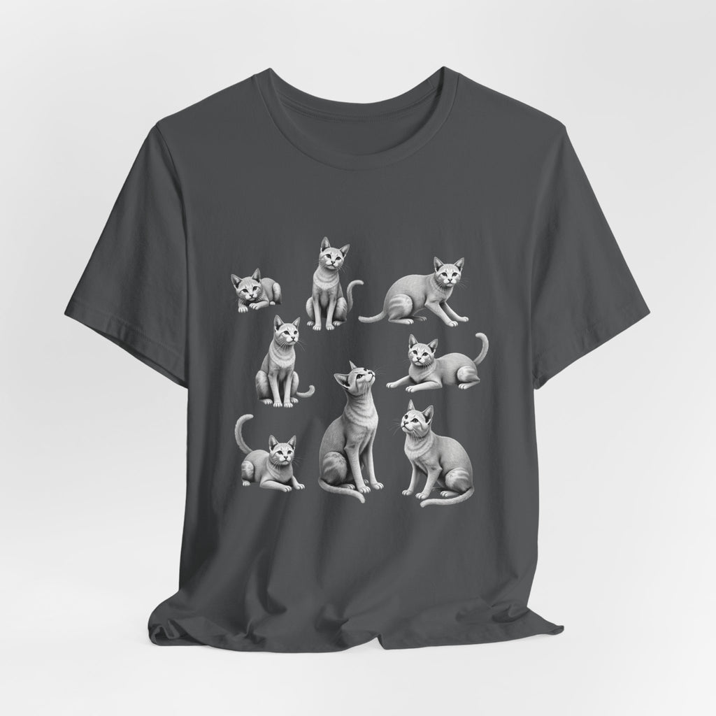 Asphalt gray t-shirt with gray cat illustrations on a white background