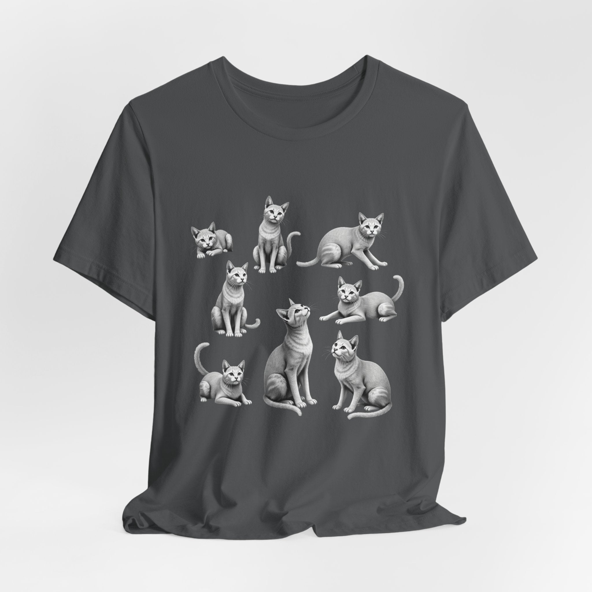 Asphalt gray t-shirt with gray cat illustrations on a white background
