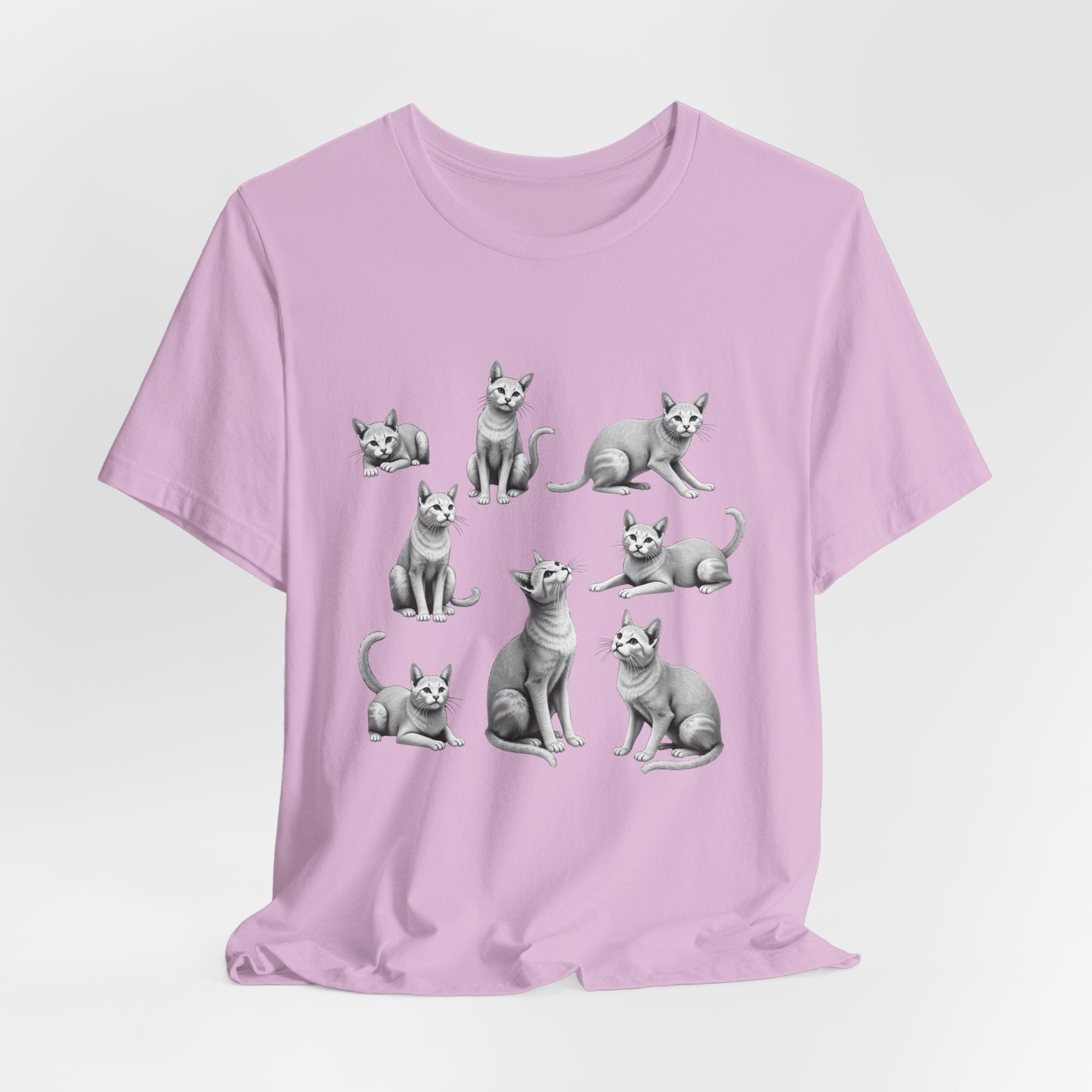 Lilac Light purple t-shirt with cat illustrations on a light gray background