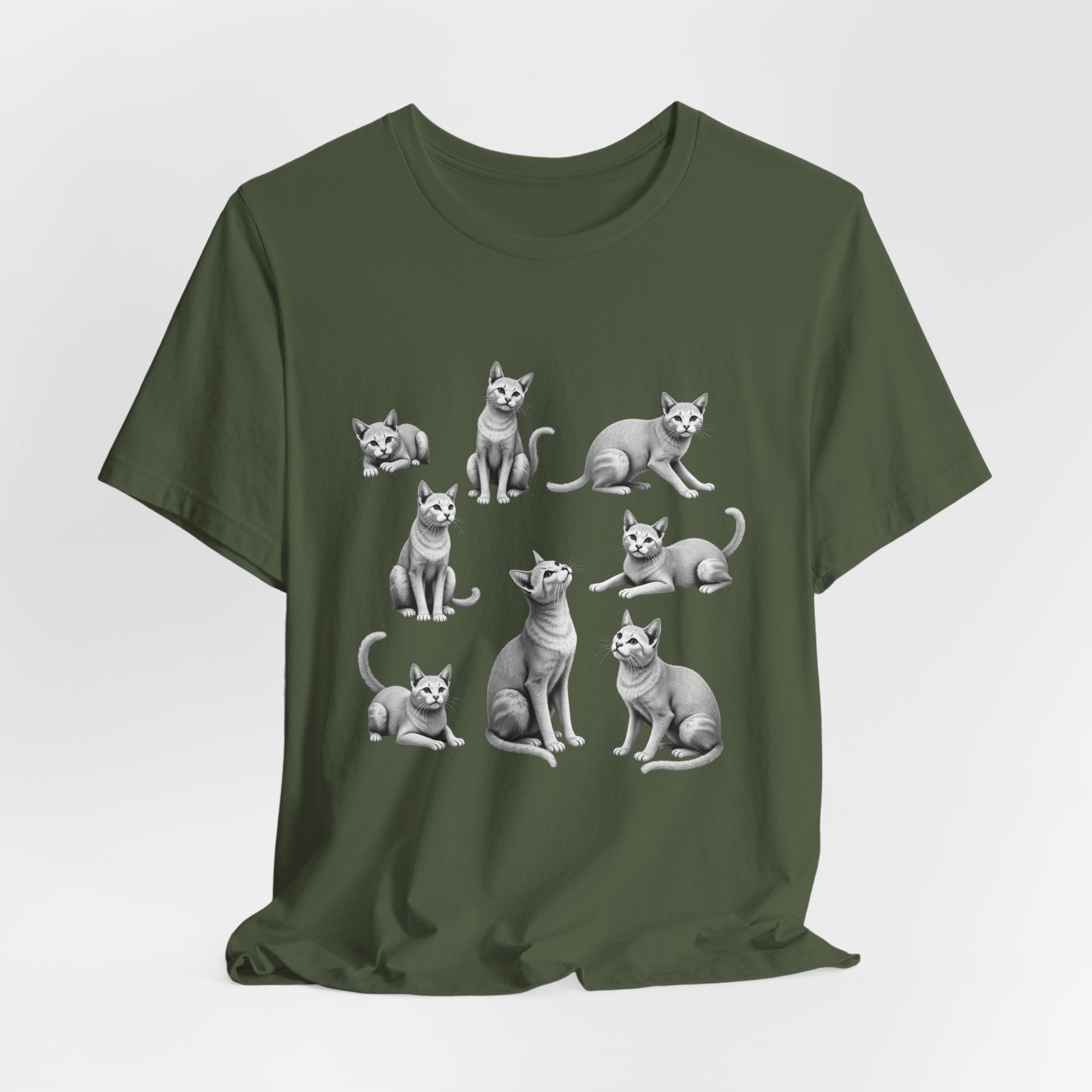 Military green t-shirt with illustrations of cats on a white background
