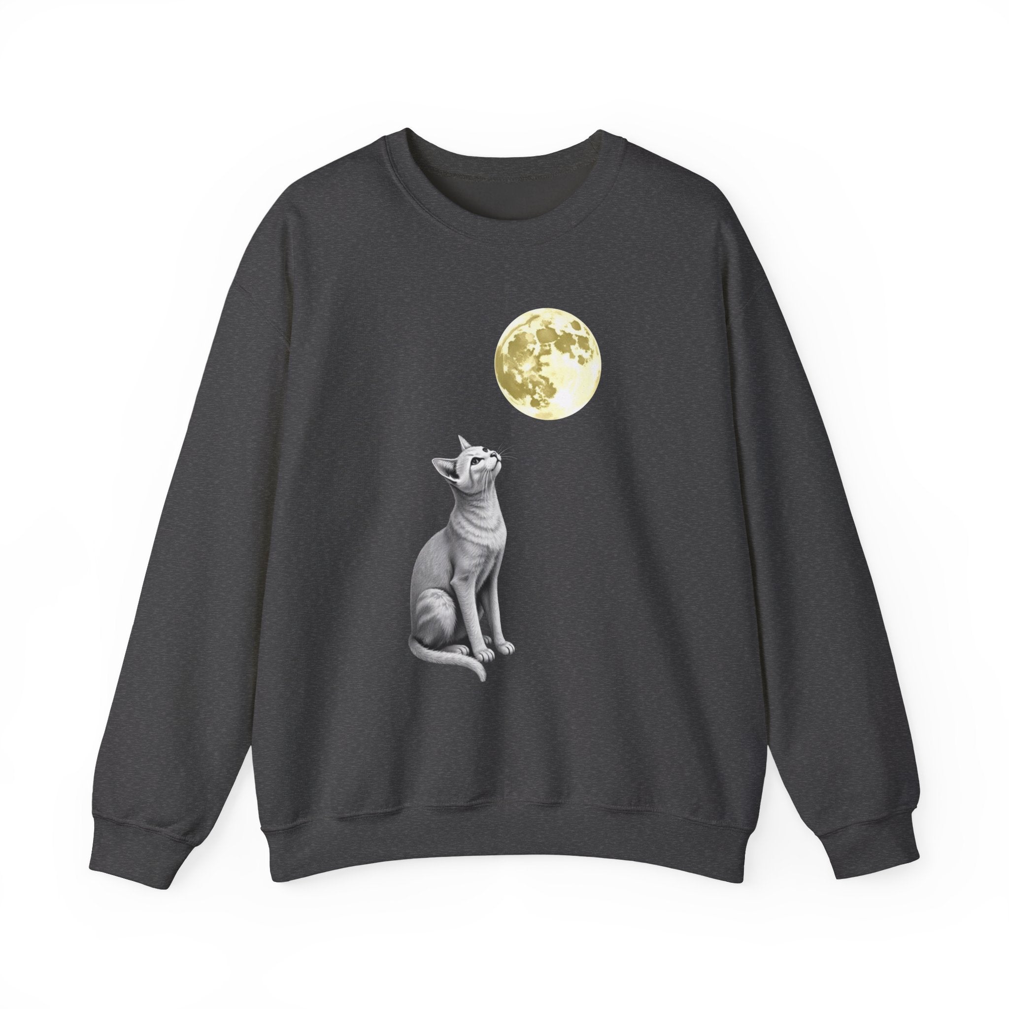 Dark heather sweatshirt with a cat and moon graphic on a white background