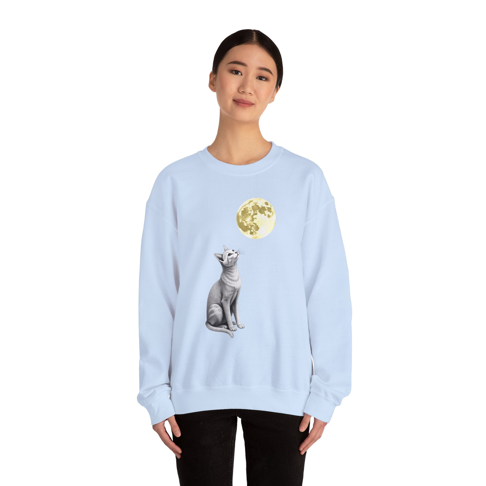 Person wearing a light blue sweatshirt with a cat and moon design on a white background