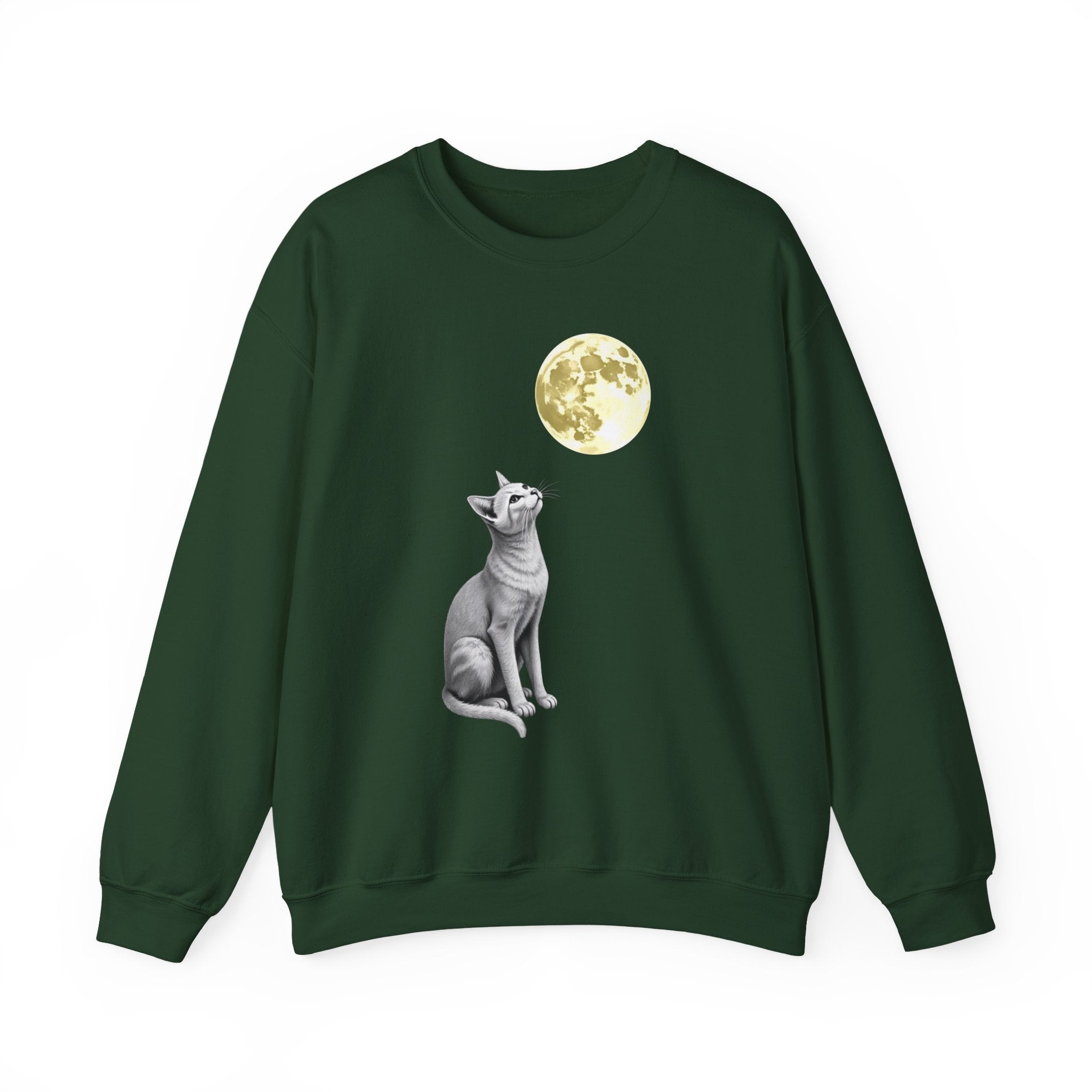 Forest green sweatshirt with a cat and moon graphic on a white background
